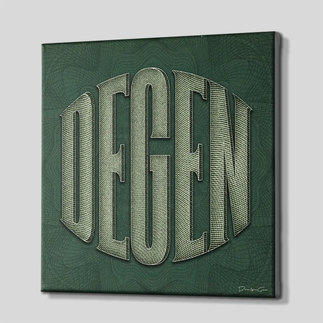 Three-quarter side angle of the DEGEN Web3 canvas print showing gallery-wrapped forest green edges mounted on a wooden frame