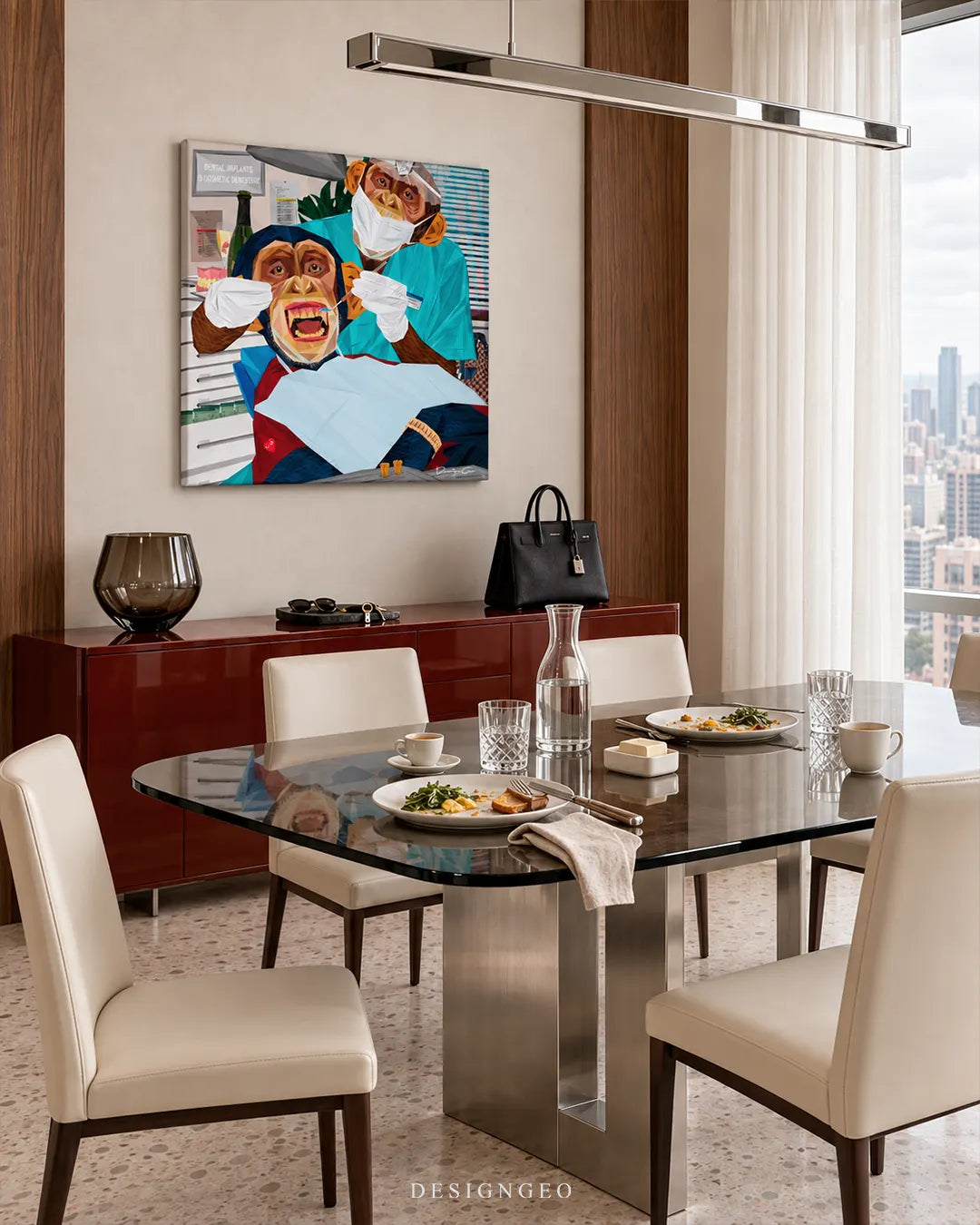 Square canvas print featuring a funny monkey dentist artwork hanging on a beige wall in an elegant modern dining room above a glossy sideboard