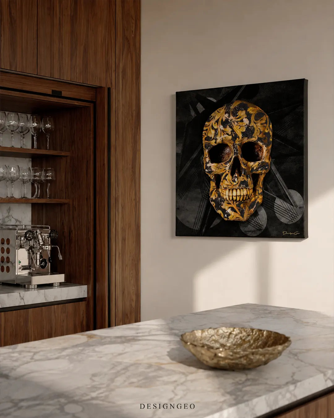 Square designer fashion skull canvas wall art mounted on a cream wall next to a warm wooden cabinet with an espresso machine and a marble kitchen island