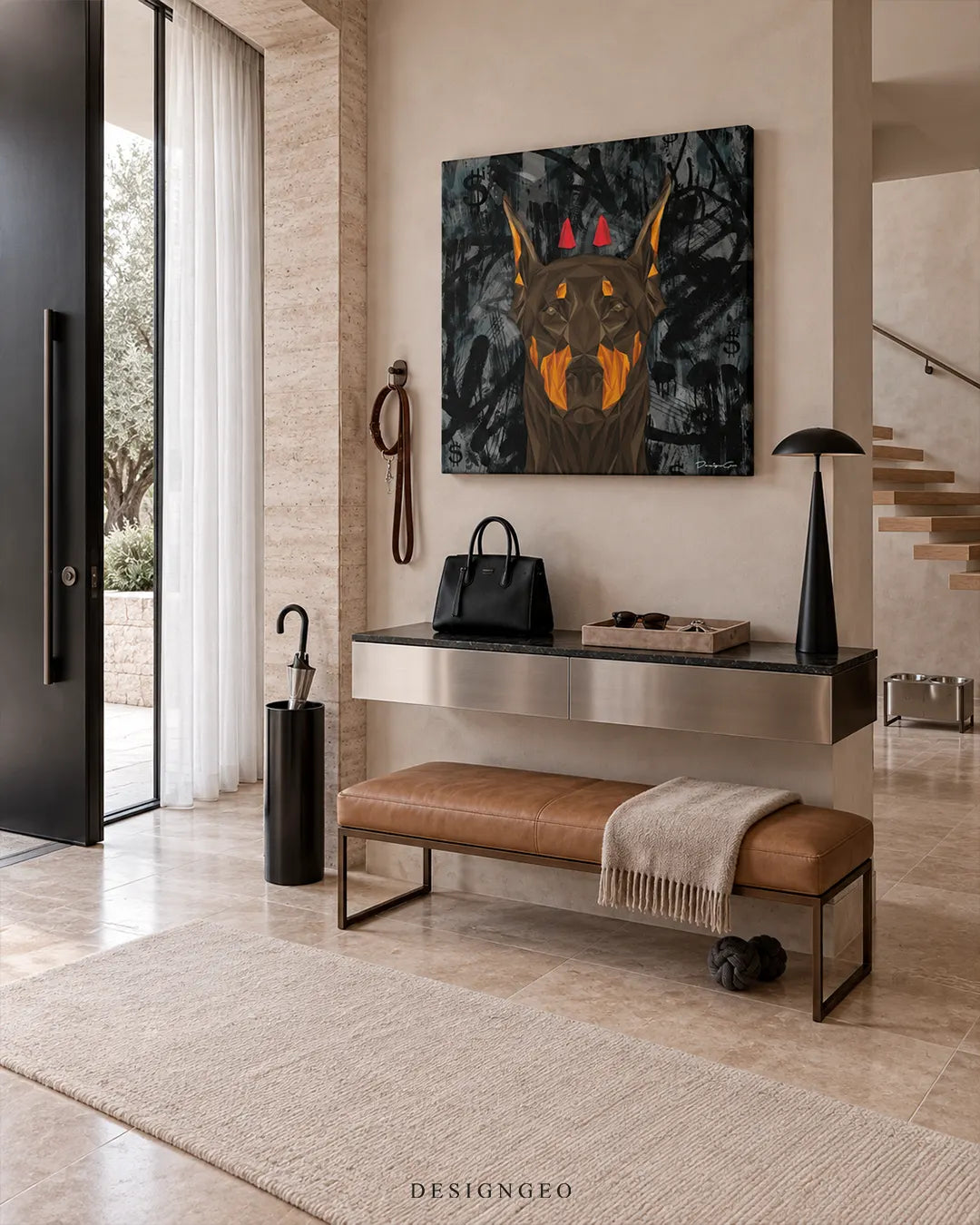 Square canvas print of a low-poly Doberman Pinscher with red devil horns mounted on a beige wall in a modern luxury entrance foyer above a leather bench