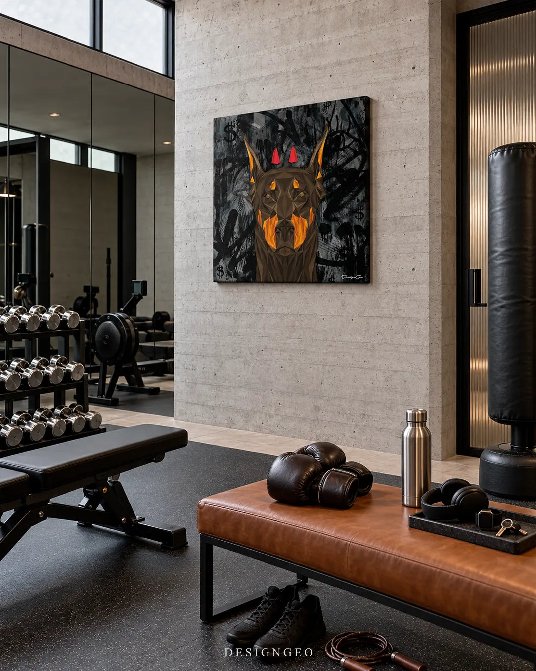 Square canvas print featuring a street art Doberman with devil horns hanging on a concrete wall in a modern home gym near boxing gloves and weight racks
