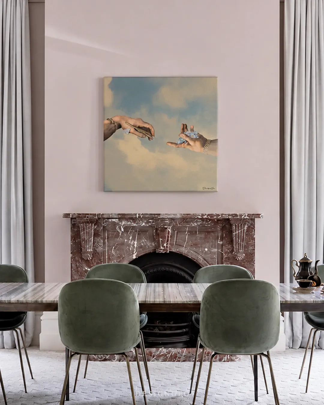 Square Creation of Diamonds canvas wall art mounted on a dusty pink wall above a red marble fireplace in an elegant dining room with green velvet chairs