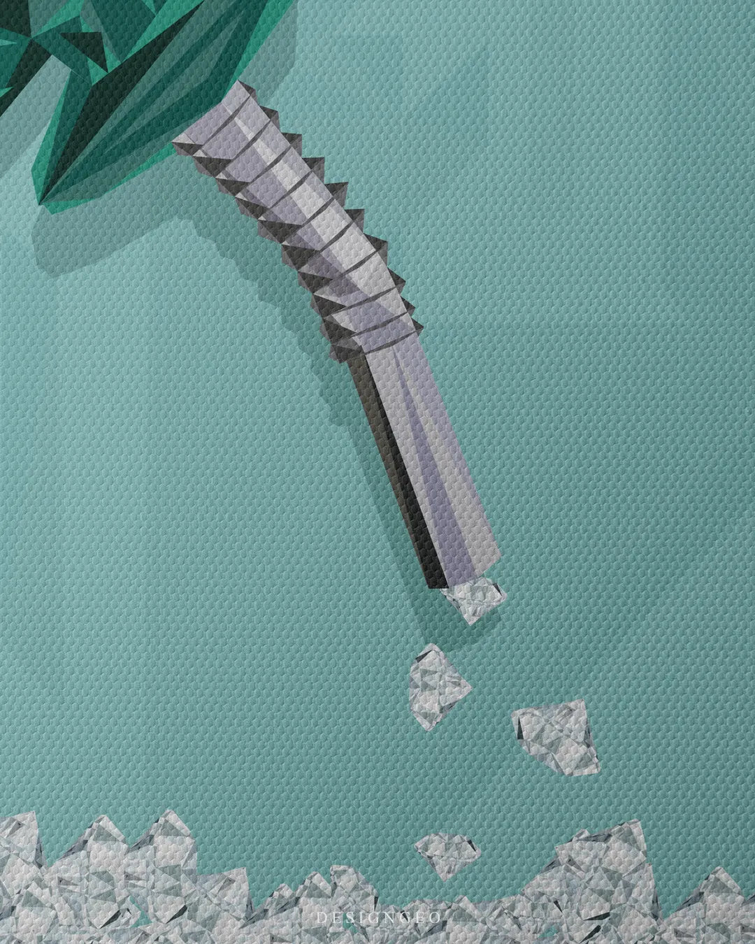 Close-up macro detail shot showing fine canvas texture, metallic gas pump spout, and white geometric diamonds falling on a light turquoise background