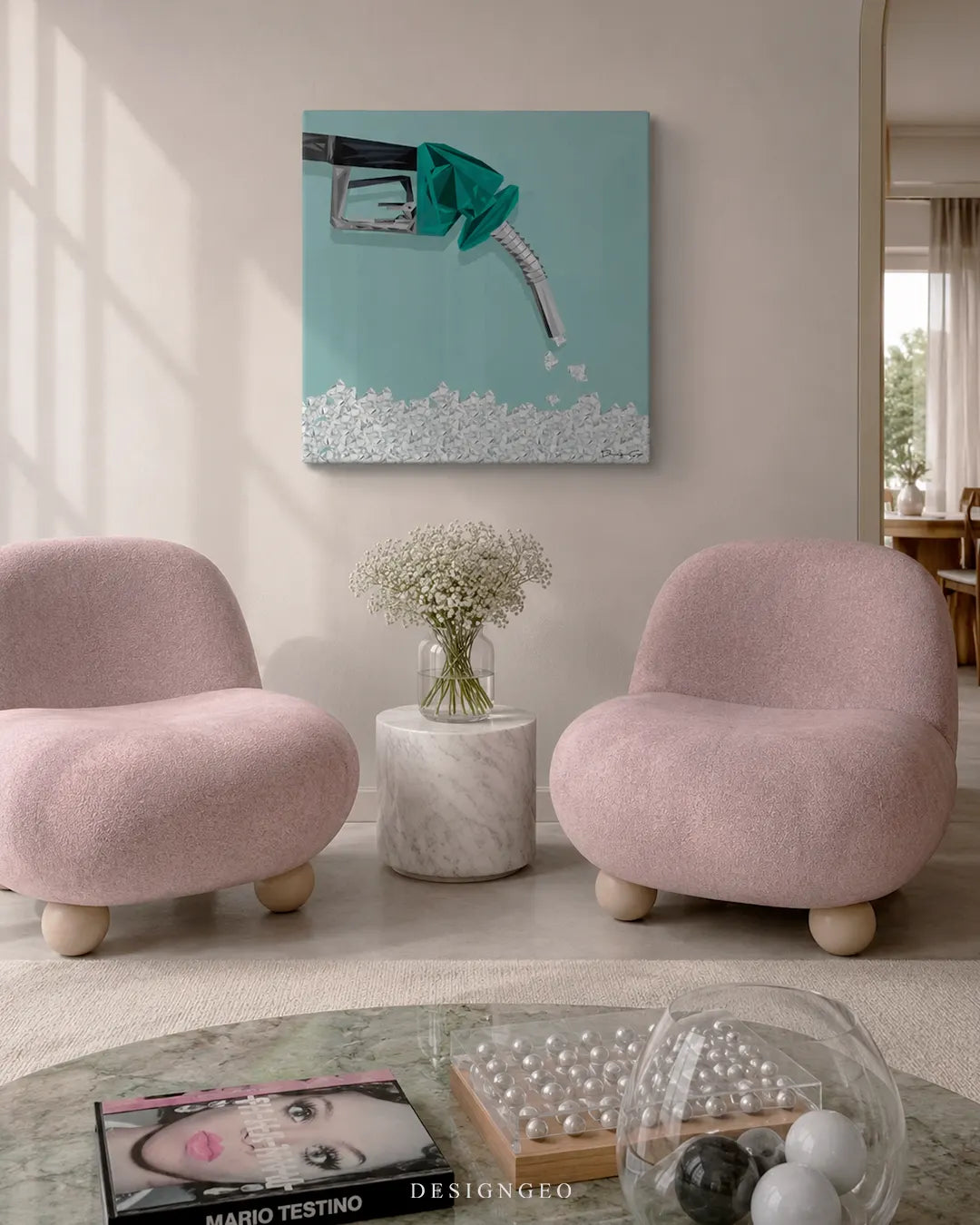 Square Diamond Fuel canvas wall art mounted on a beige wall above two soft pink armchairs and a marble side table