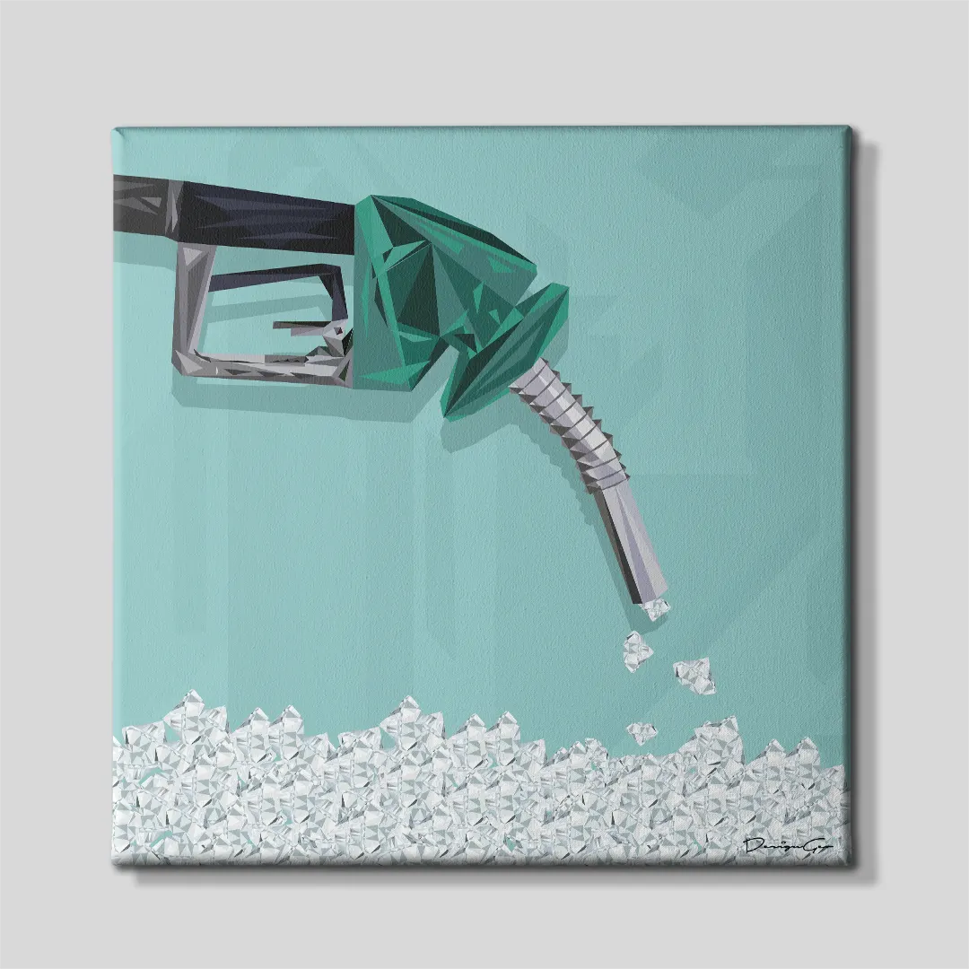 Front view of a square light turquoise blue canvas print featuring a metallic gas pump nozzle pouring shiny white diamonds onto a pile at the bottom