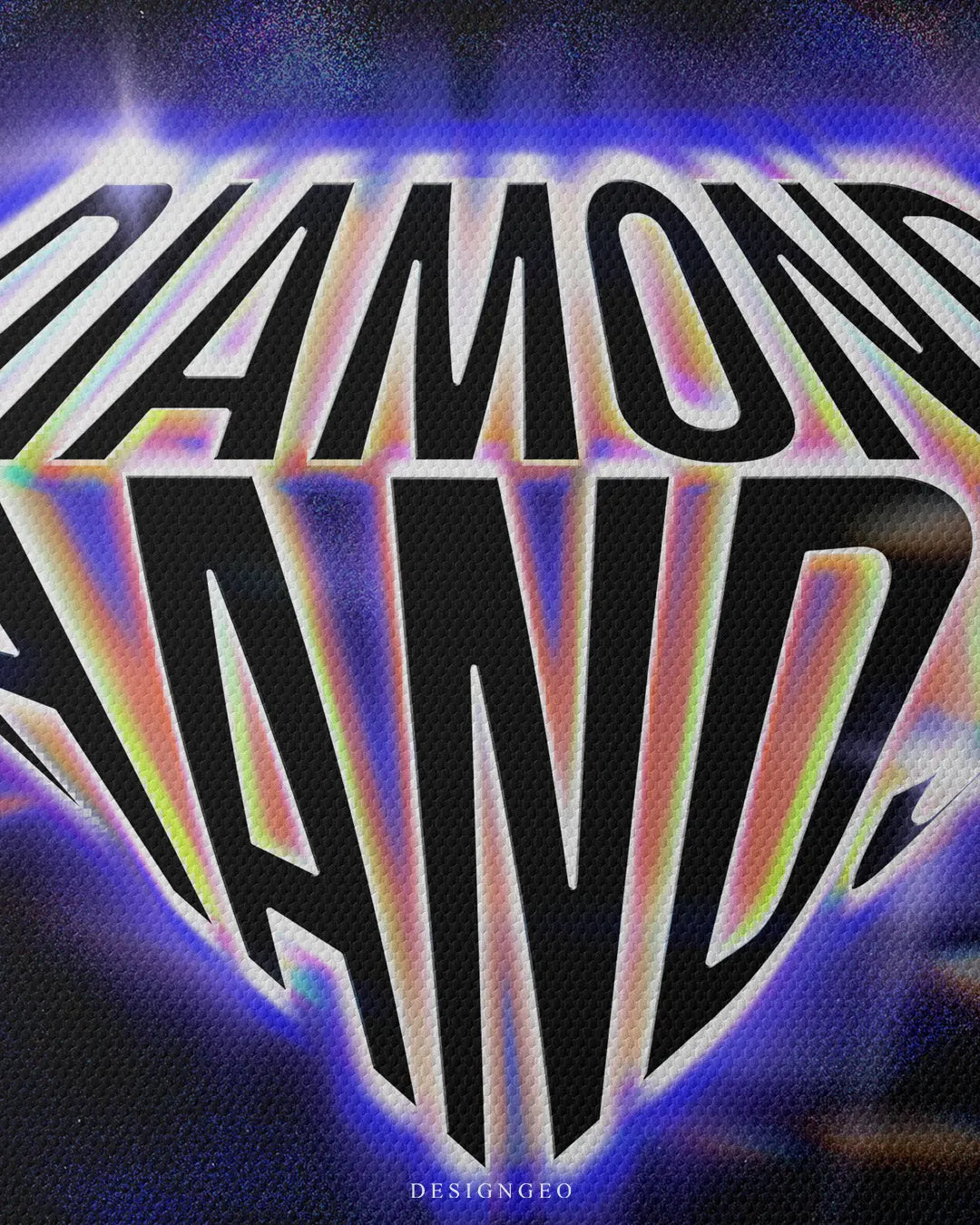 Medium shot showing black DIAMOND HANDS text shaped into a diamond emblem with a rainbow holographic glow effect printed on a dark canvas