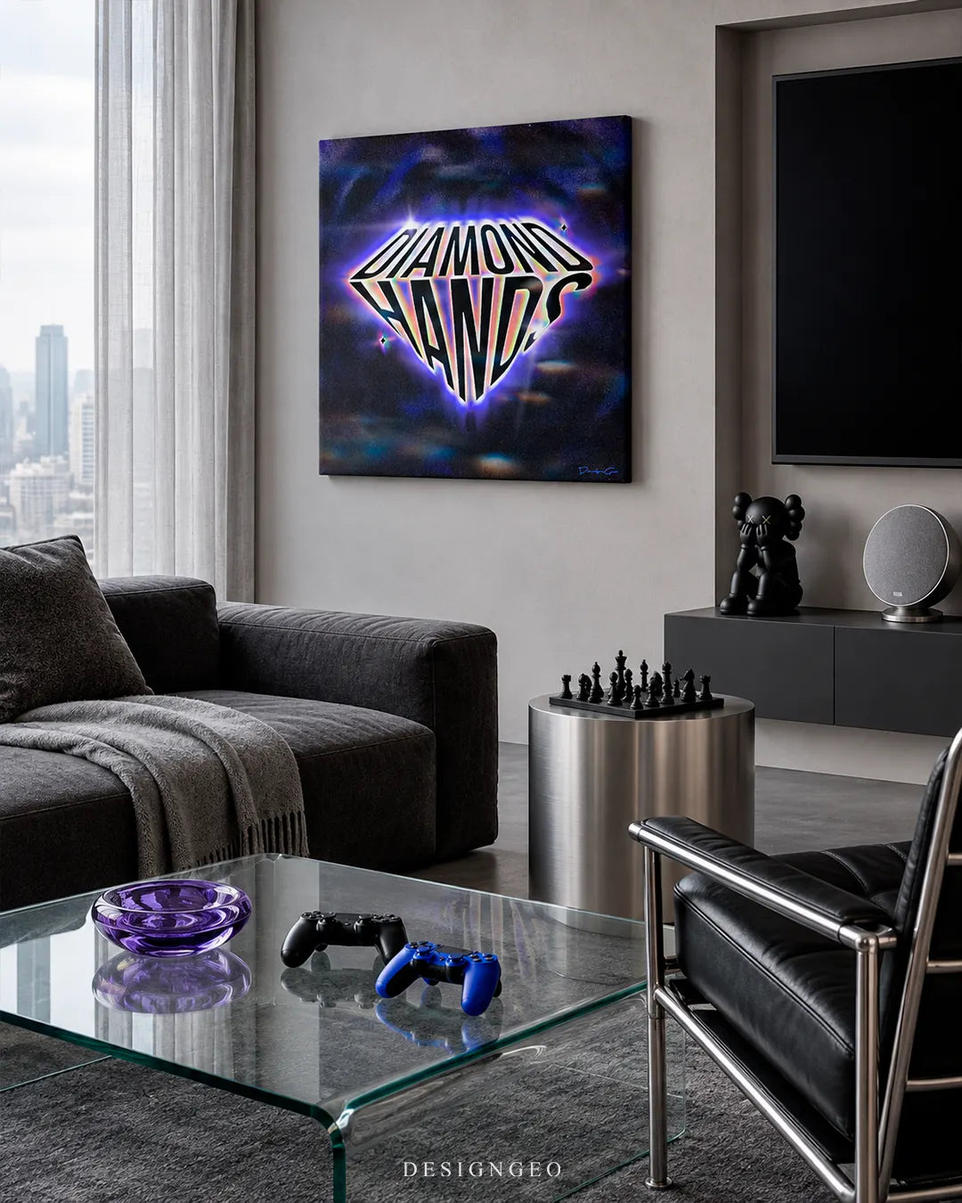 Square dark canvas print featuring glowing neon DIAMOND HANDS typography inside a diamond outline mounted on a grey wall in a modern living room near a TV media console