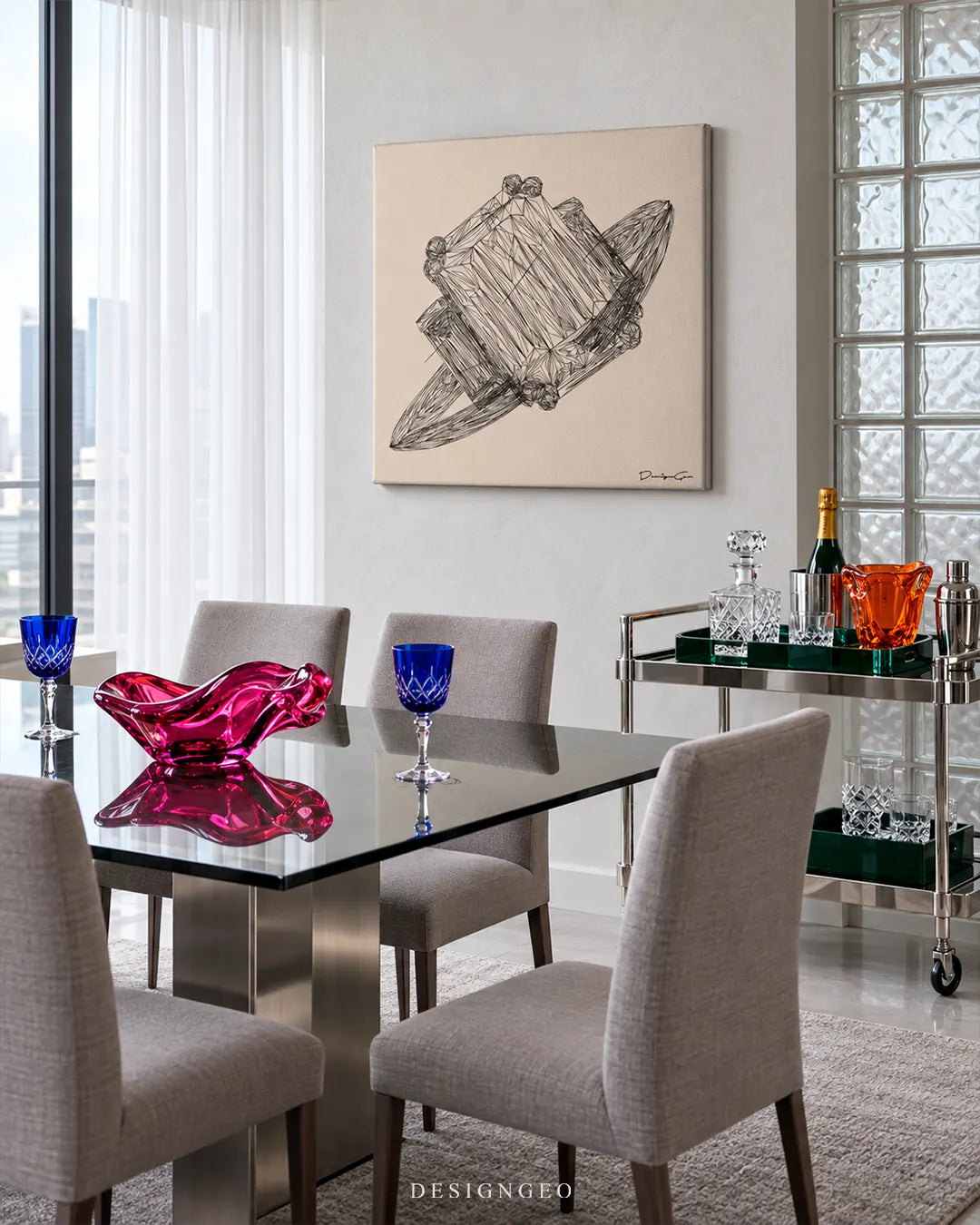 Square beige canvas print showing a diamond ring geometric line art illustration hanging on a wall in an elegant dining room next to a bar cart