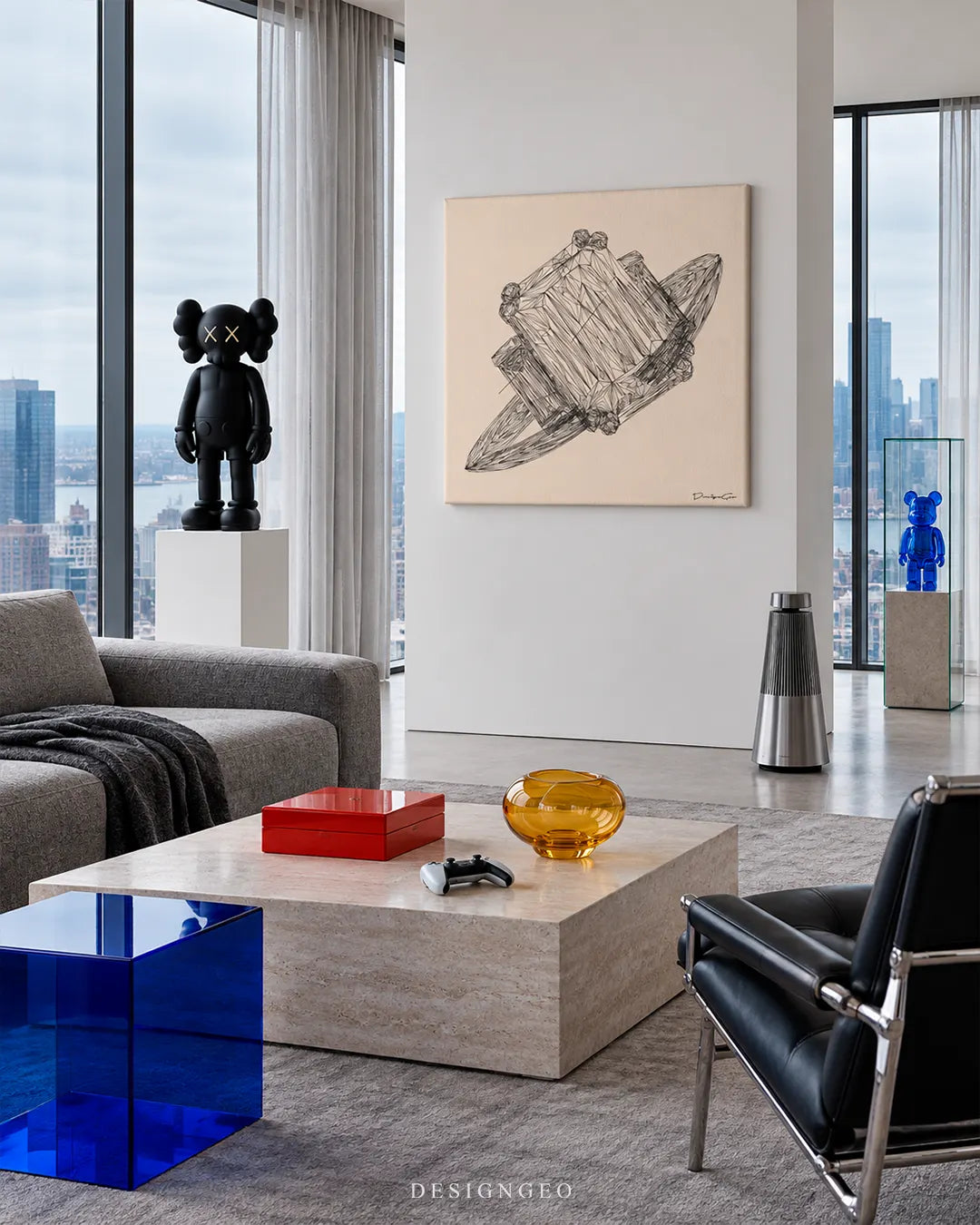 Square beige canvas print featuring a detailed emerald cut diamond ring sketch mounted on a white wall in a modern penthouse living room