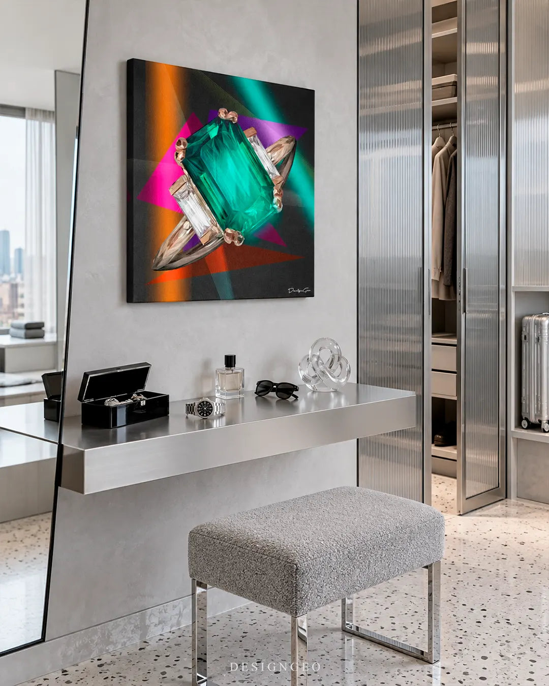 Square canvas print featuring a luxury emerald cut gemstone ring hanging on a grey wall in an elegant dressing room above a vanity console