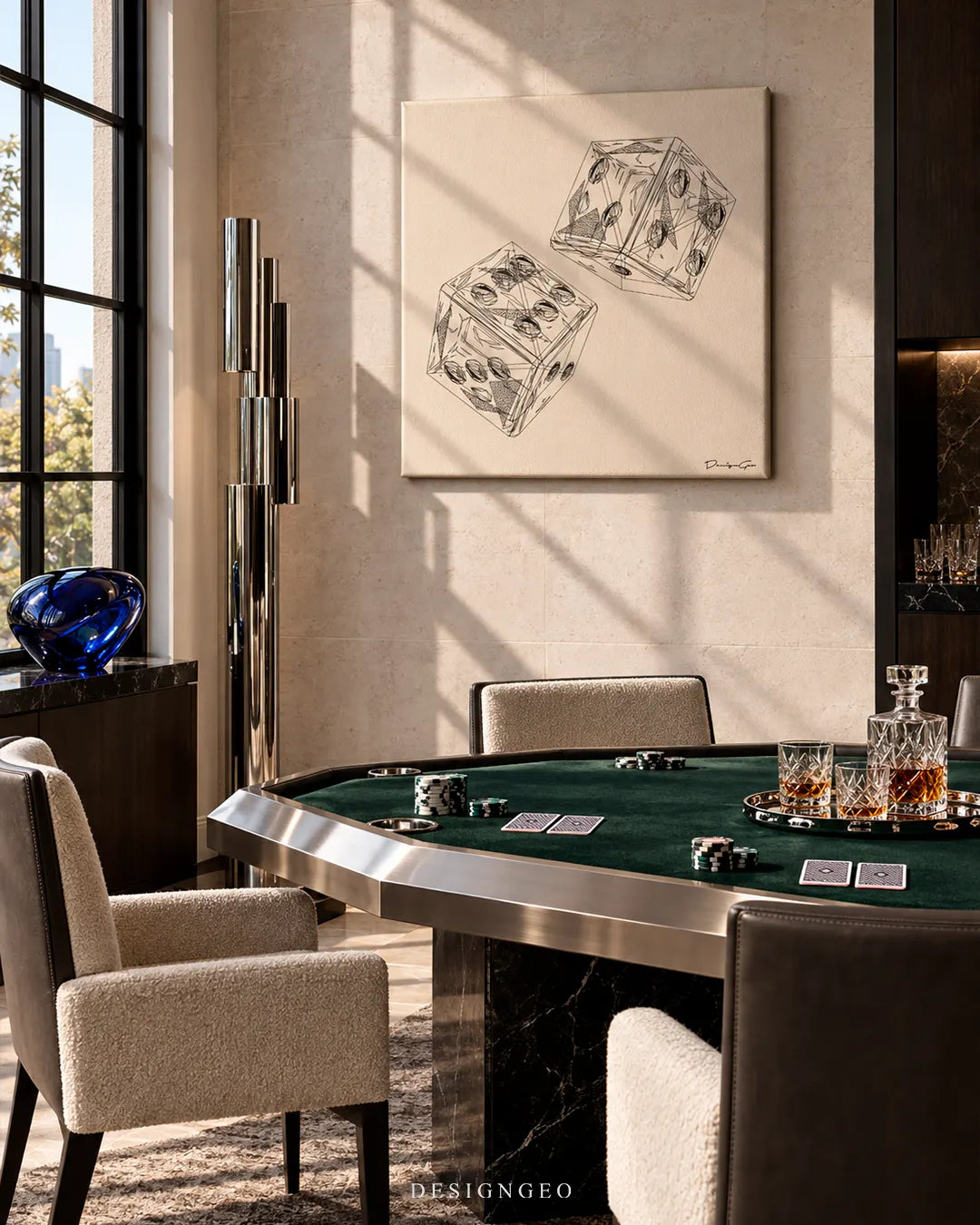 Square beige canvas print showing a pair of hand-drawn pair of dice architectural line art hanging on a cream wall in an exclusive poker room