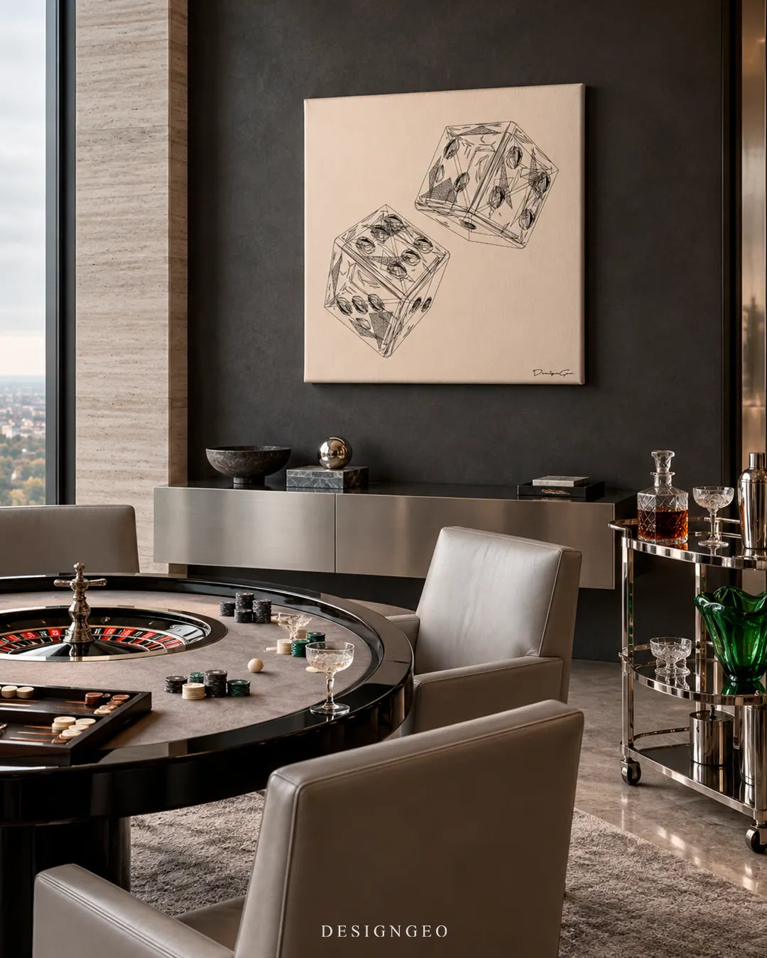 Square beige canvas print featuring a pair of floating geometric dice sketches mounted on a dark grey wall in a luxury private casino room above a roulette table