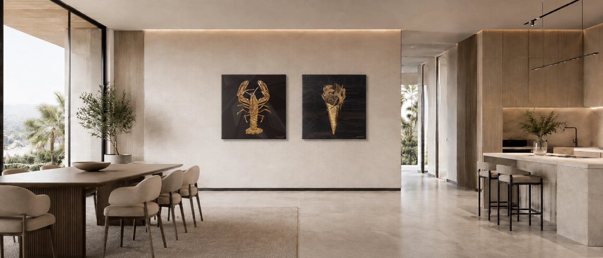 Modern luxury dining room interior with a matching set of two square black and gold canvas art prints side-by-side on a minimalist beige wall, featuring a geometric gold lobster and a gold ice cream cone design next to a wooden dining table and a marble kitchen island