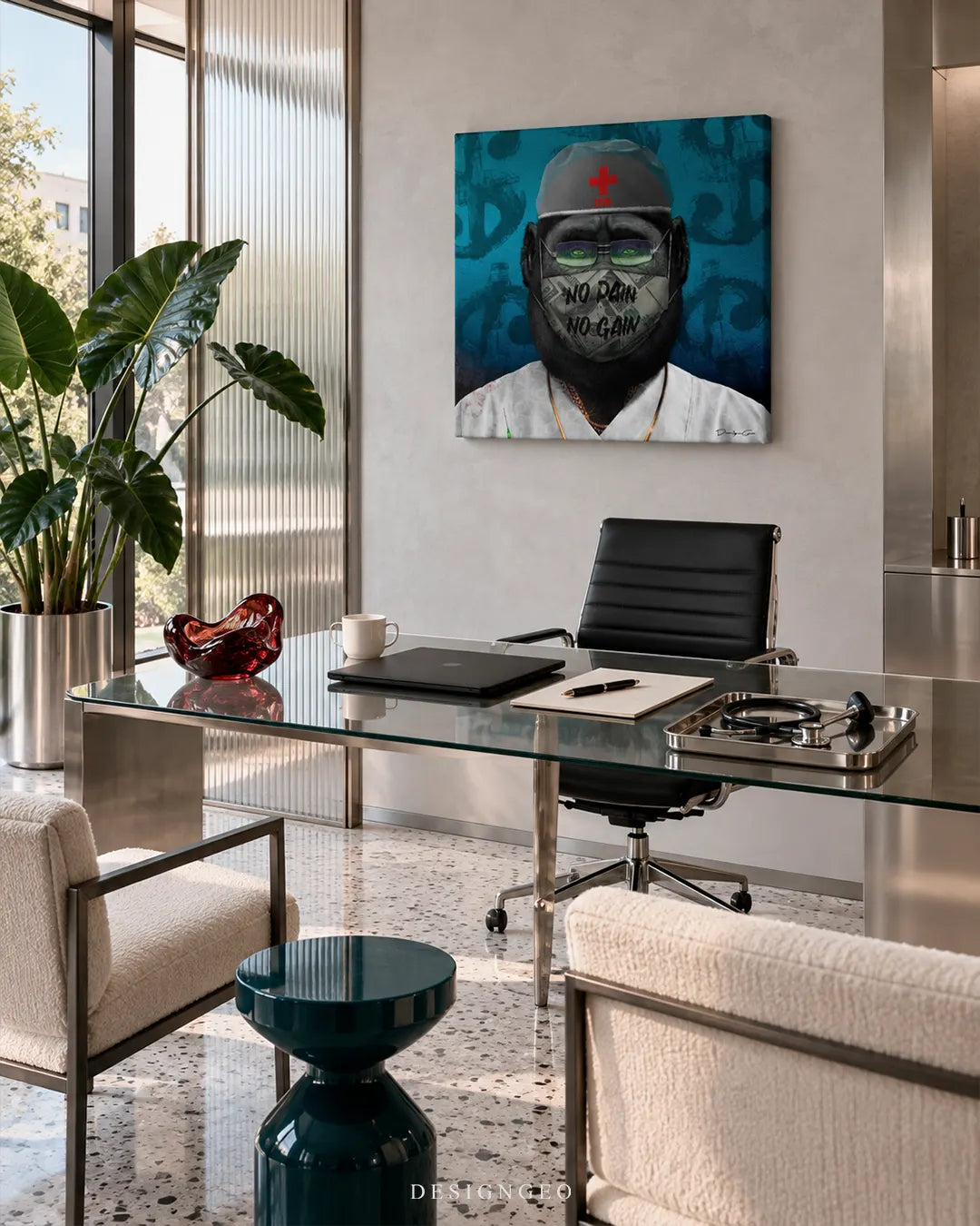 Square canvas print of an ape doctor wearing surgical scrubs and a mask hanging on a grey wall in a contemporary executive office above a glass desk