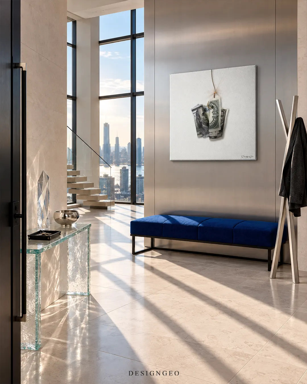Square white canvas print featuring crumpled hundred dollar bills on a fishing hook mounted on a stainless steel wall panel in a luxury high-rise foyer above a blue velvet bench
