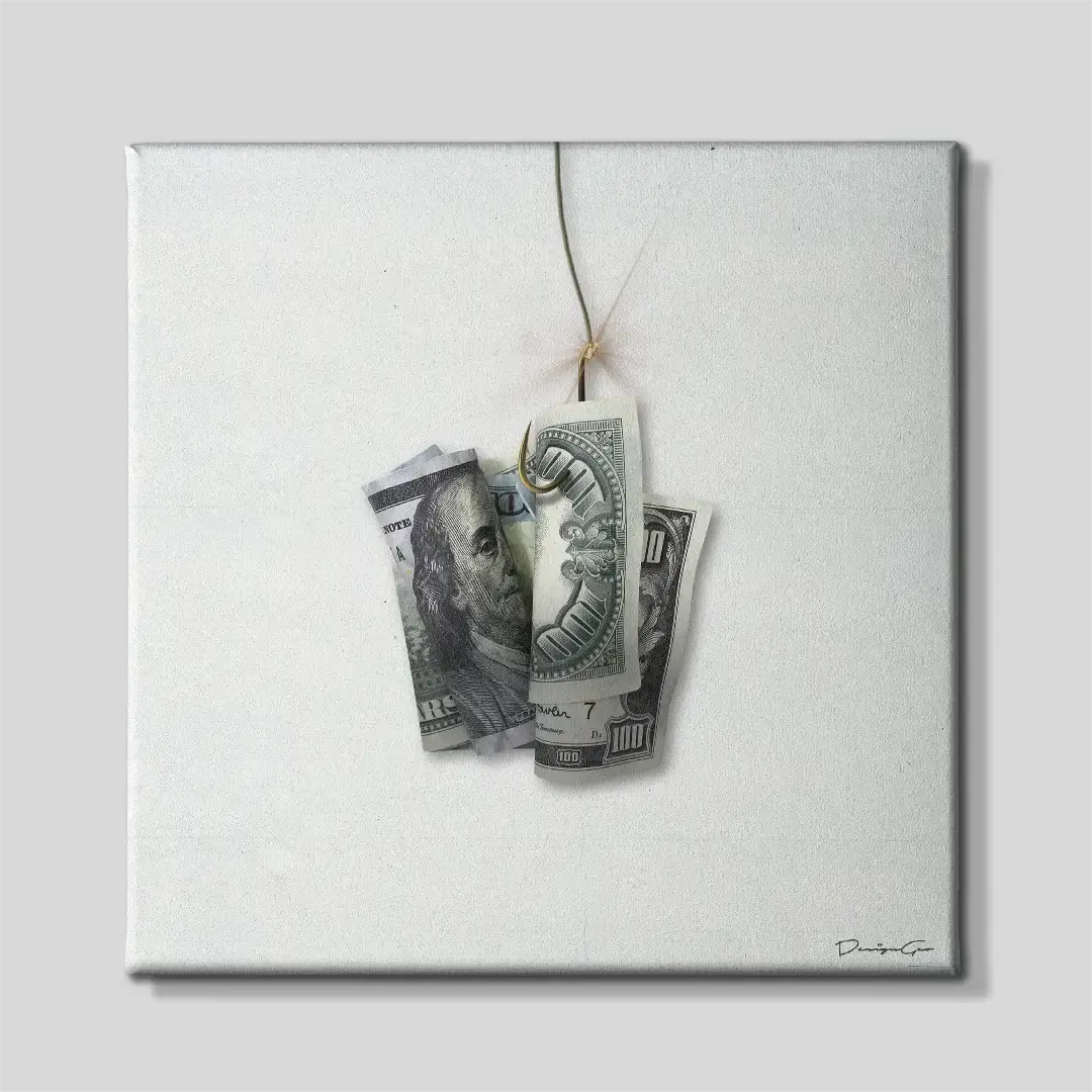 Front view of the Dollar Bait square canvas wall art, a premium decorative piece for finance enthusiasts, modern bedrooms, or home trading offices
