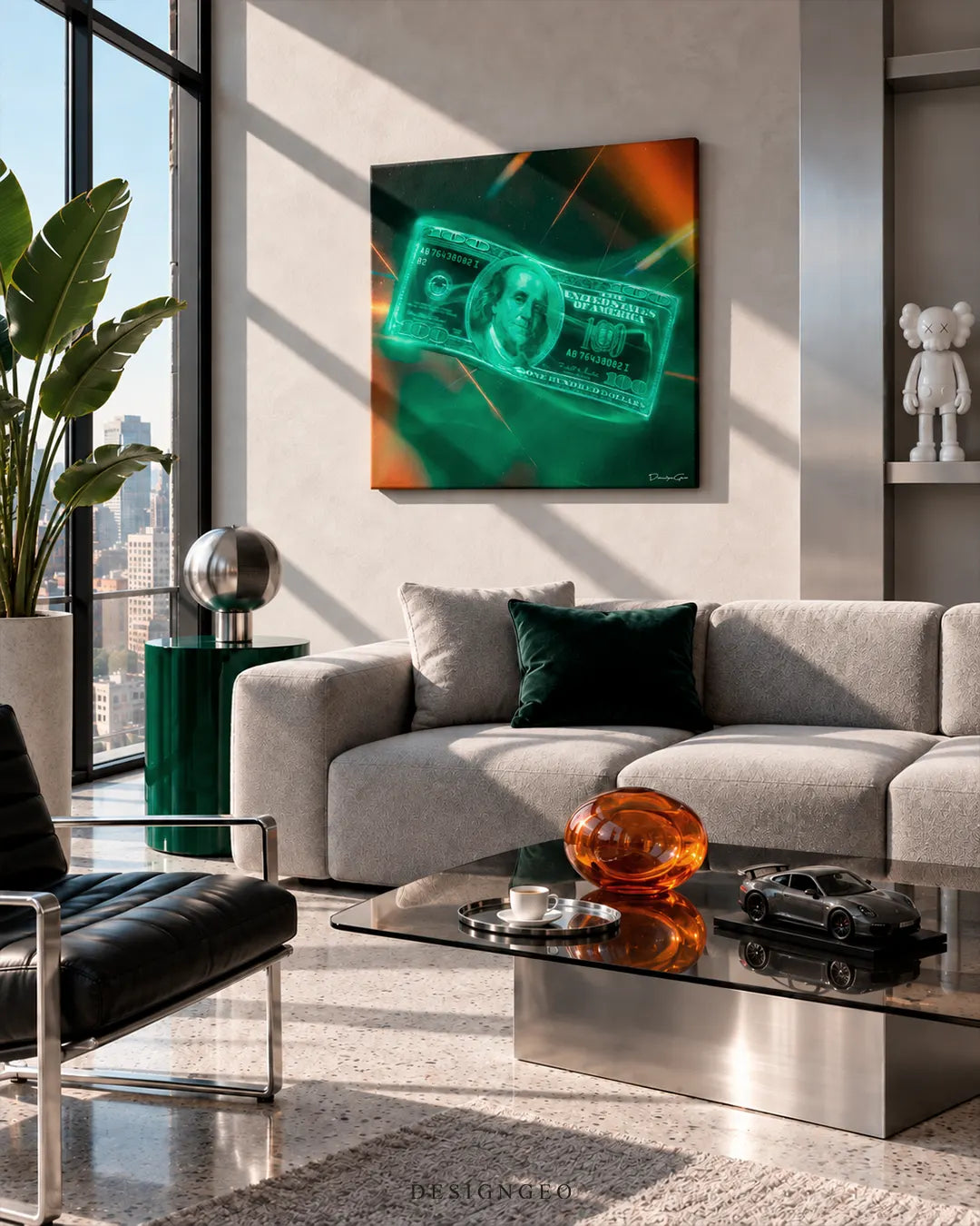 Square canvas print featuring a glowing green 100 dollar bill in motion with speed streaks mounted on a beige wall in a luxury living room above a light grey sofa