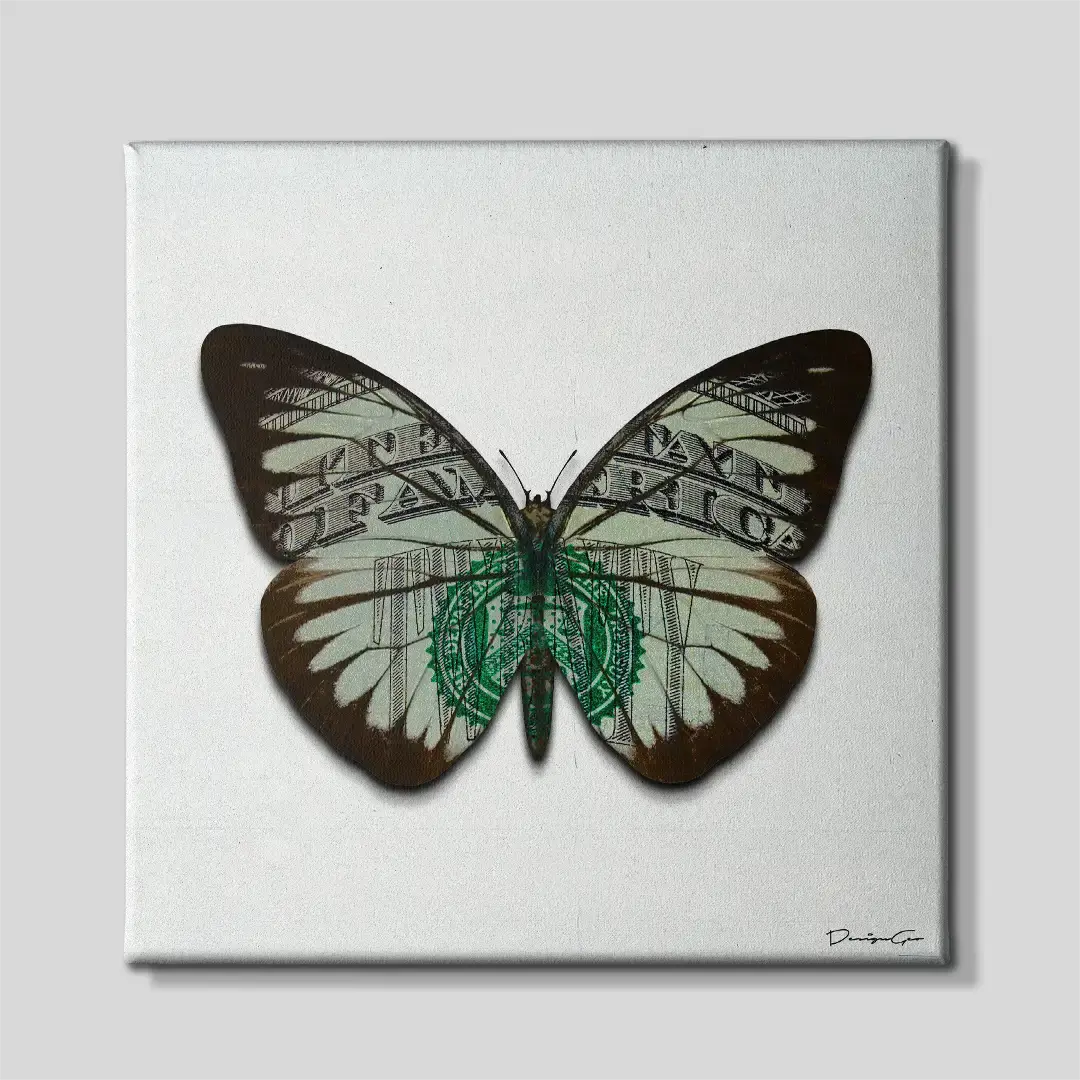 Frontal view of the luxury money butterfly square canvas wall art, a premium conceptual decoration piece tailored for corporate offices and modern workspaces