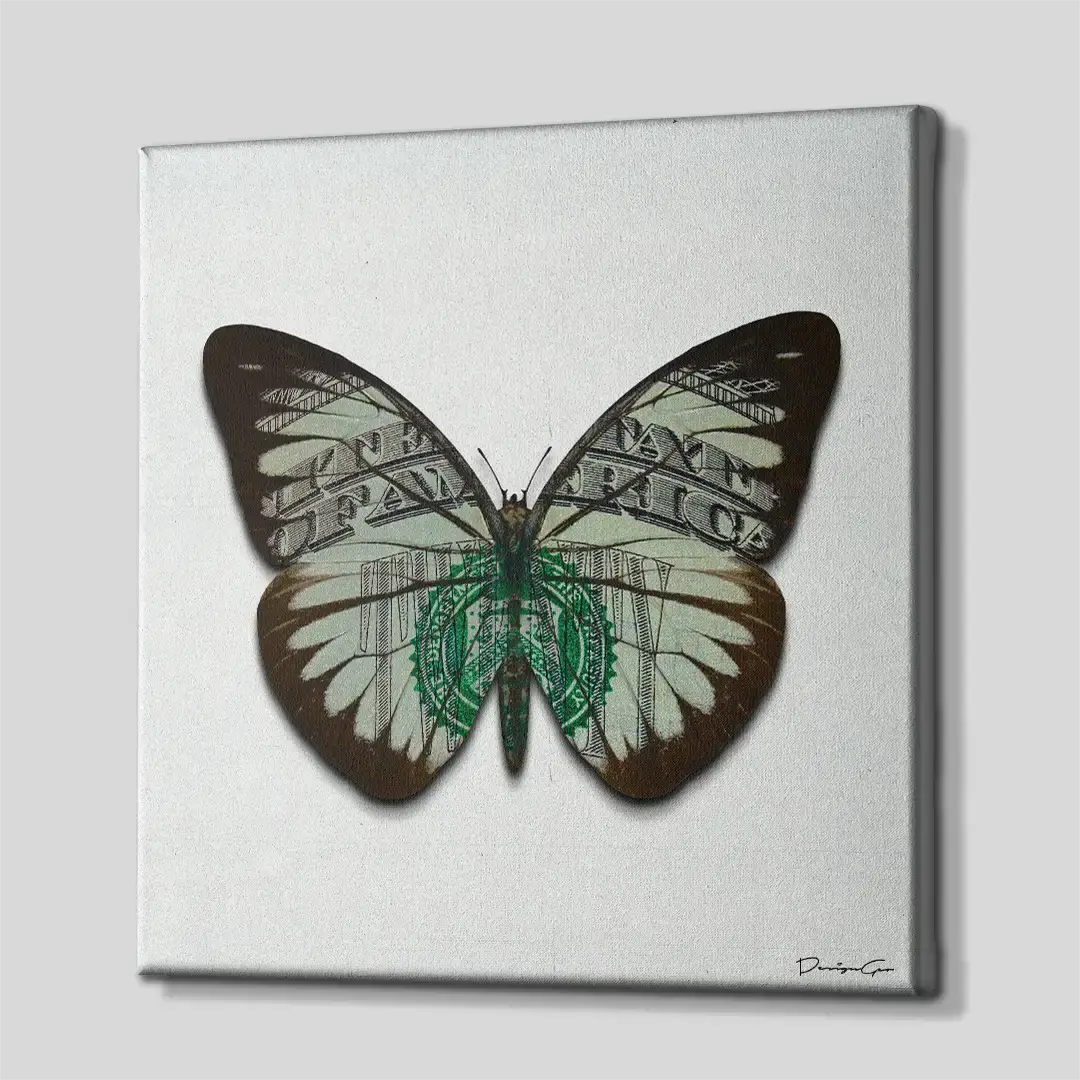 Side perspective of the white minimalist dollar butterfly canvas print, highlighting the high-quality gallery wrap finish and solid 3D frame depth for executive office walls