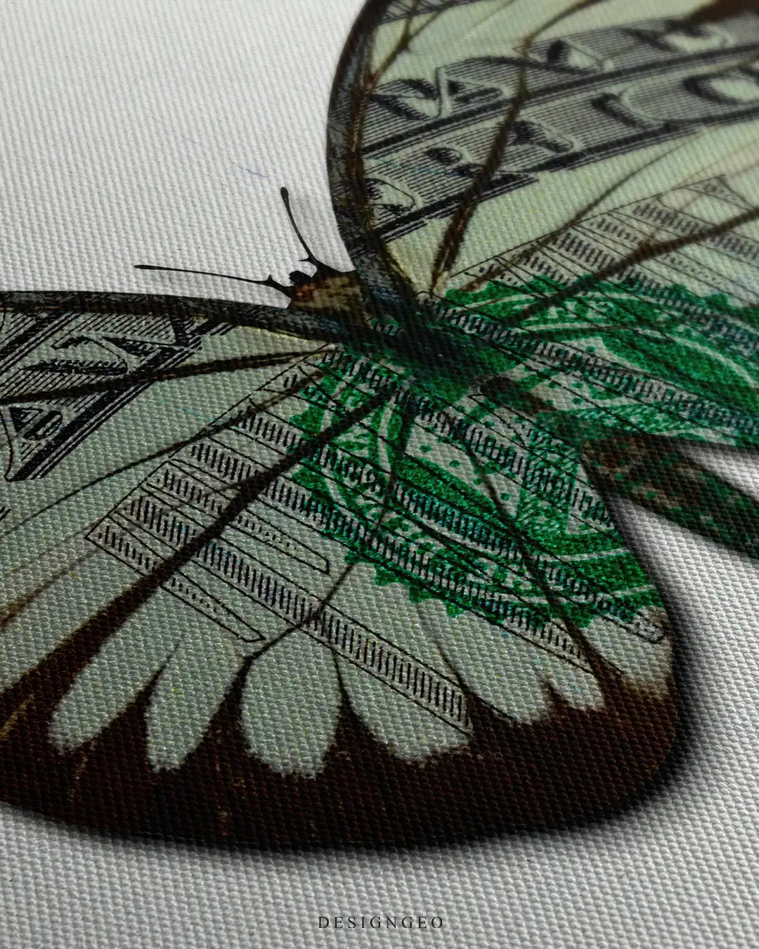Detailed view of the dollar butterfly canvas art, showcasing the high-contrast green currency textures, sharp wing lines, and premium matte print finish