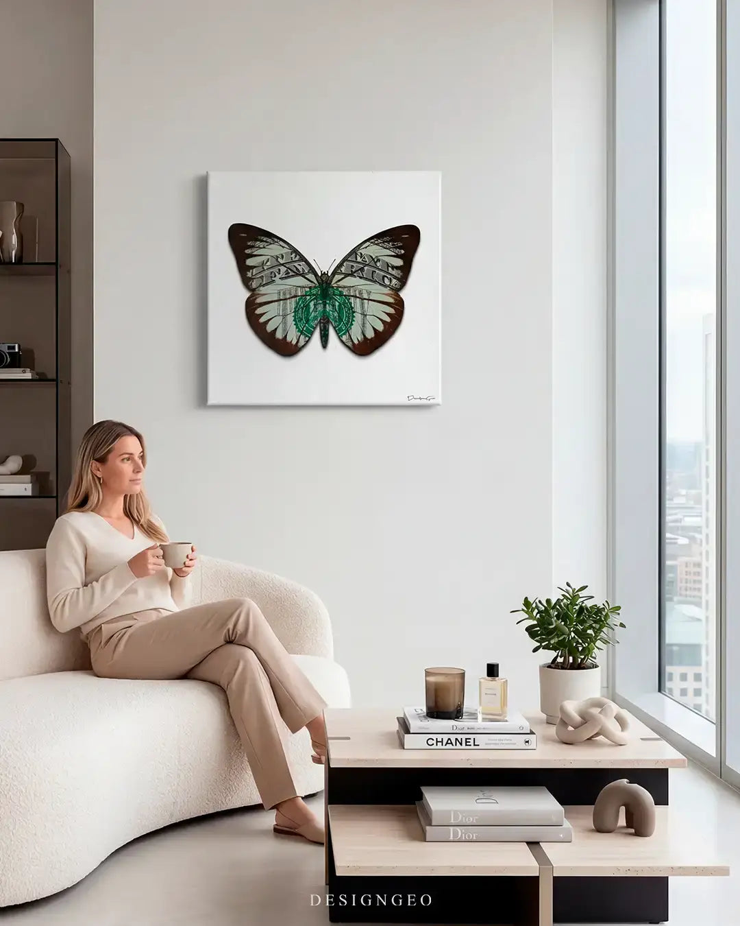 Contemporary living room interior displaying the minimalist dollar butterfly square canvas print above a sofa, adding an elegant financial statement piece to home decor