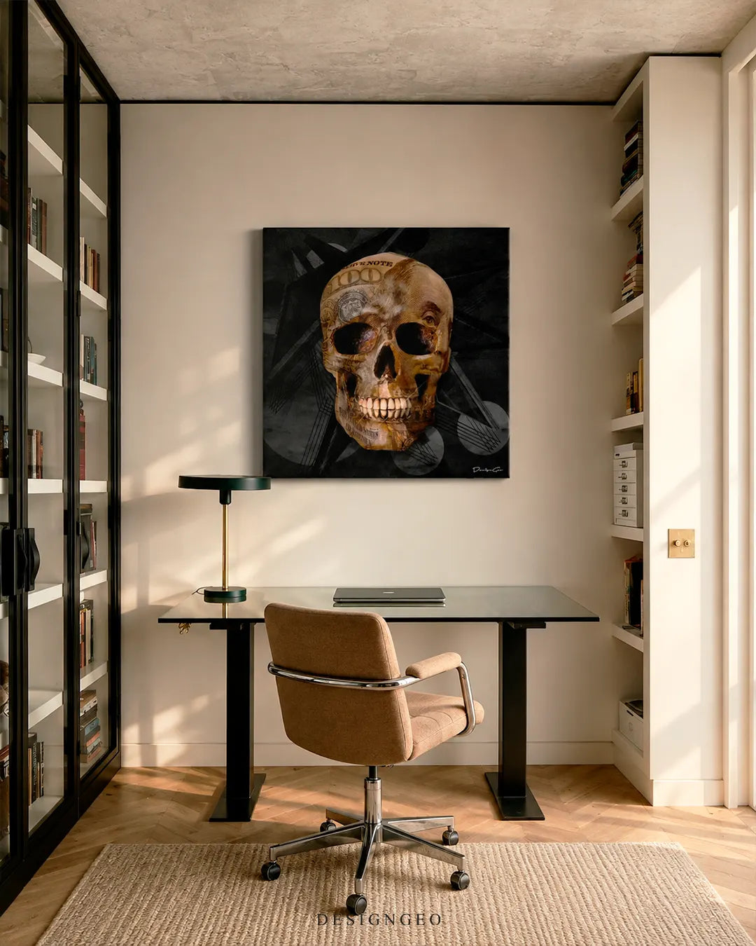 Modern executive office setup featuring a square canvas print of a human skull textured with 100 US dollar bills mounted above a glass desk