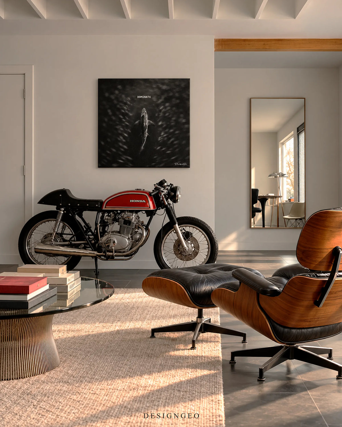 Dominate shark school of fish square canvas wall art mounted on wall above vintage cafe racer motorcycle in modern living room 0.75 inch thin wrap
