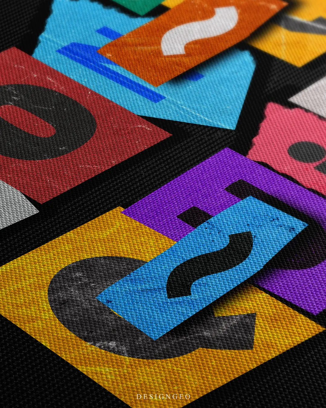 Angled extreme macro view highlighting the black woven canvas surface texture, layered paper scraps, and the optical illusion transition between Don't Quit and Do It