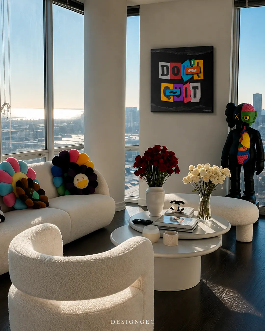 Square Don't Quit motivational canvas print mounted on a white wall in a luxury penthouse apartment with a modern KAWS figure, white boucle sofa, and city views