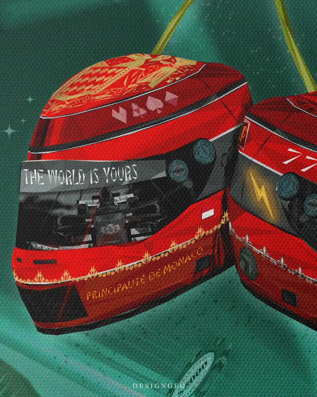 Close-up front view of luxury automotive canvas art featuring a cherry-red racing helmet with "The World is Yours" and "Principauté de Monaco" typography inscribed on a textured background