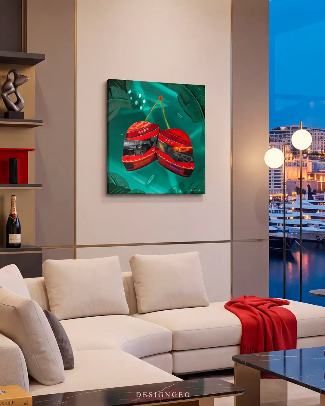 Modern minimalist luxury living room interior featuring the red cherry-shaped racing helmets canvas print mounted on a beige wall above a contemporary white sectional sofa, overlooking a twilight marina view