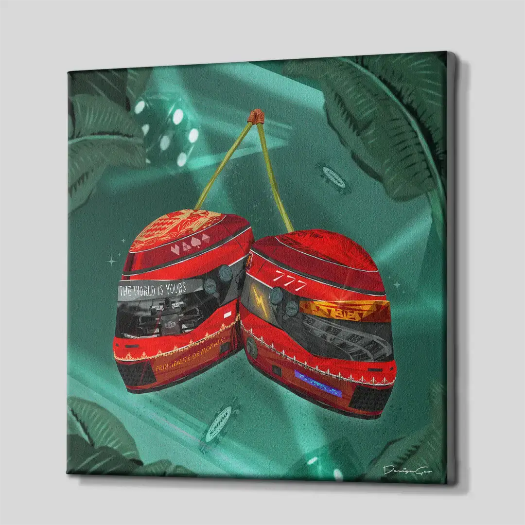 Side perspective of the contemporary red racing helmets canvas wall art, demonstrating the precise gallery wrap finish and thick three-dimensional wooden frame profile for luxury home styling
