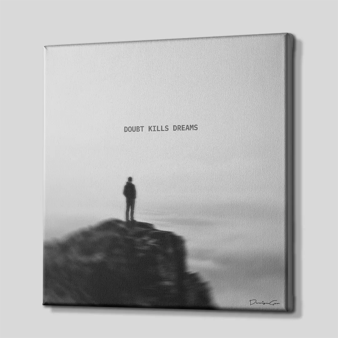 Side perspective view of black and white square canvas wall art showing cliff silhouette artwork with white gallery wrapped edge 0.75 inch thin wrap
