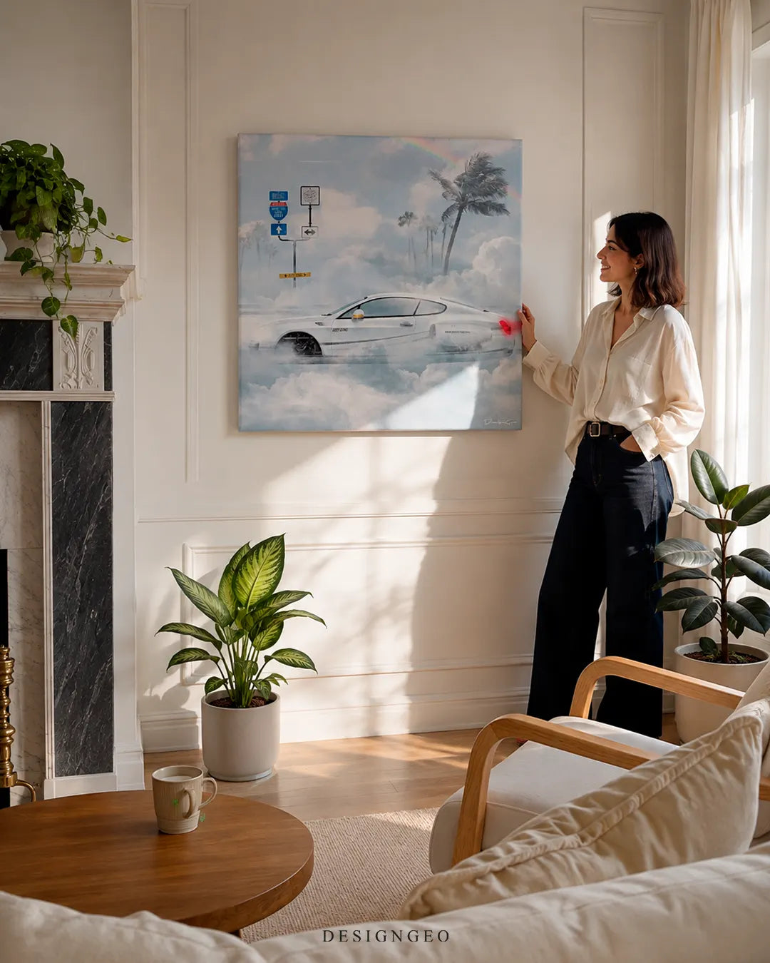 A woman adjusting a square white luxury car canvas print on a bright living room wall above green potted plants, a wooden coffee table, and an armchair