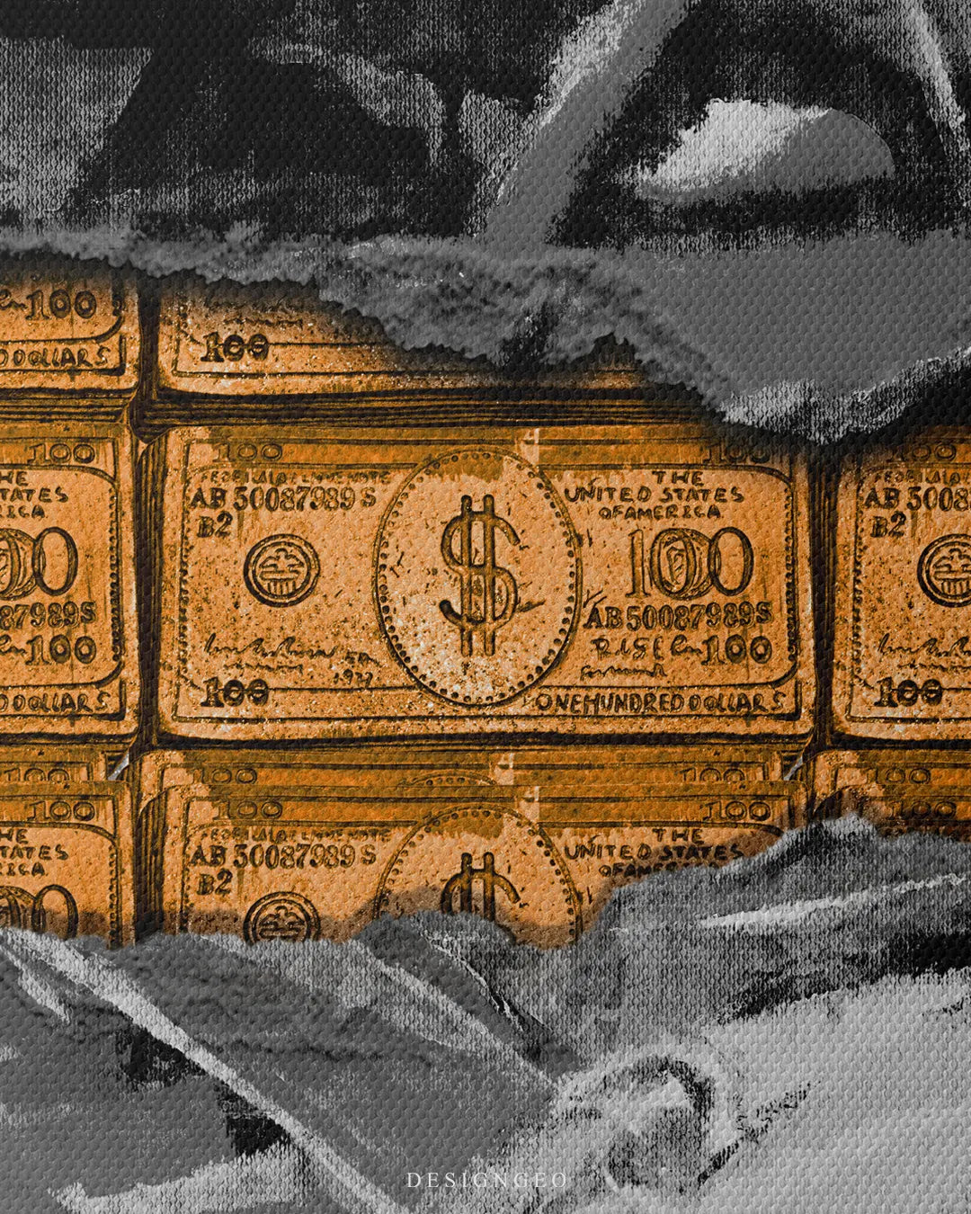 Macro shot of gold 100 dollar bills stack revealed through torn monochrome supercar poster print on stretched canvas for entrepreneur office motivational wall art