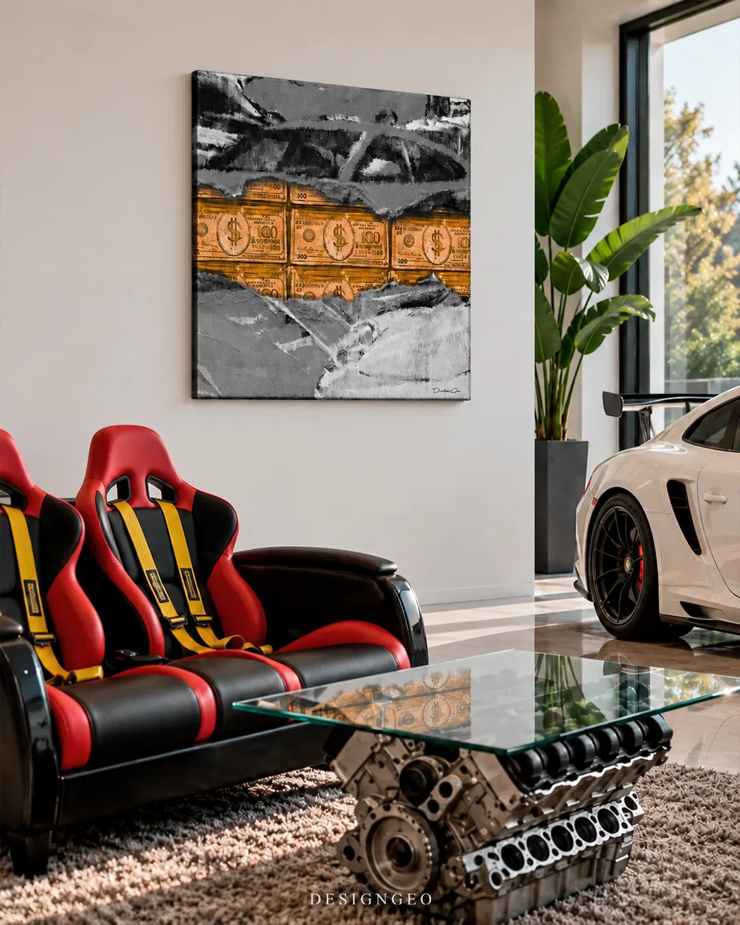 Black and white sports car sketch with gold dollar bills torn paper effect square canvas wall art displayed on a white wall in a garage lounge above racing seats 0.75 inch thin wrap