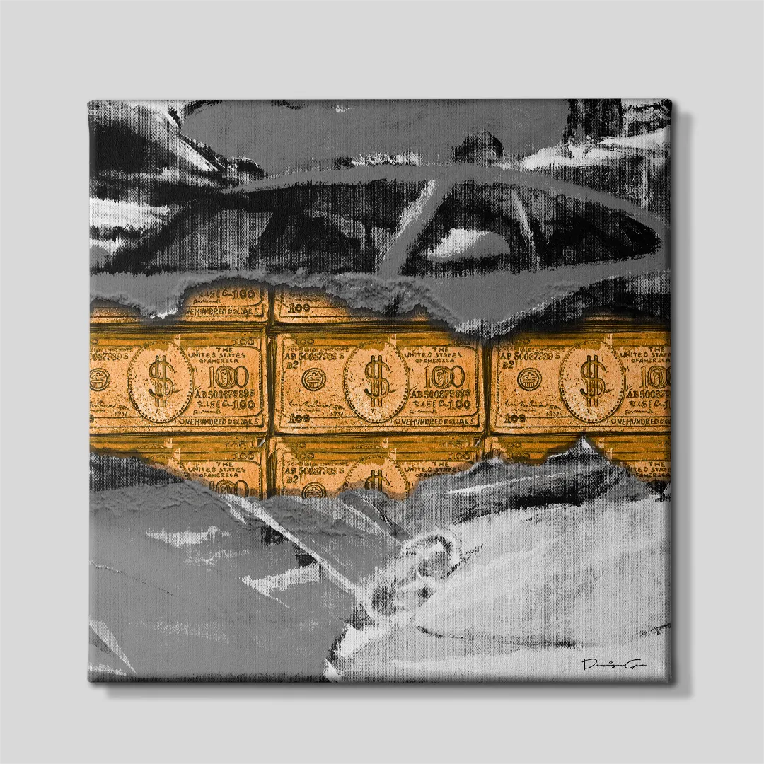 Front view studio display of Driven by Value square canvas wall art featuring a black and white exotic supercar torn paper design revealing gold cash dollar stacks for luxury home garage and office decor