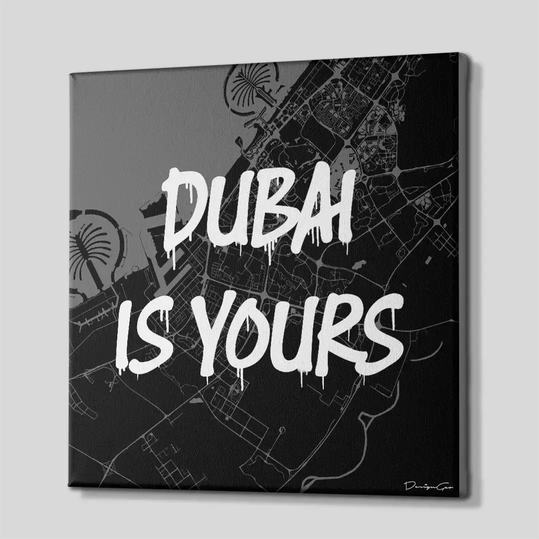 Side perspective of the Dubai urban map canvas print, highlighting the premium gallery wrap finish and the solid 3D frame depth ideal for luxury interior design