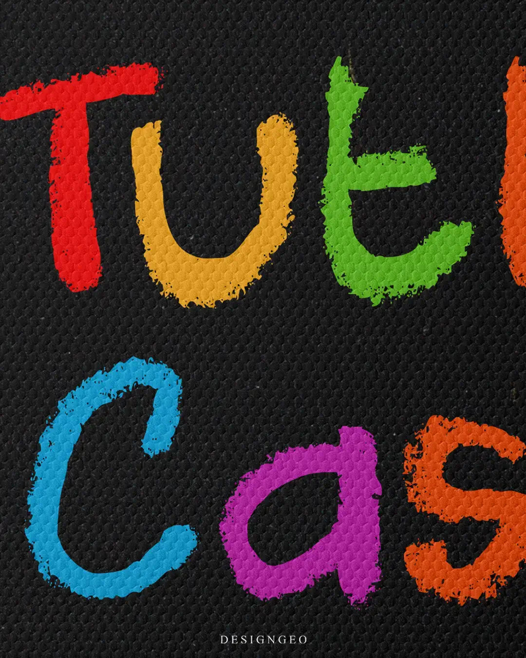 Detailed front close-up view of the modern typography art print, focusing on the vivid red, yellow, green, blue, and purple letters against a solid matte black background