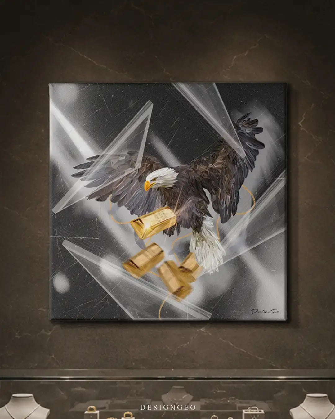 Contemporary jewelry interior displaying the flying eagle and gold bullion square canvas print jewelry display case, adding a powerful luxury statement piece