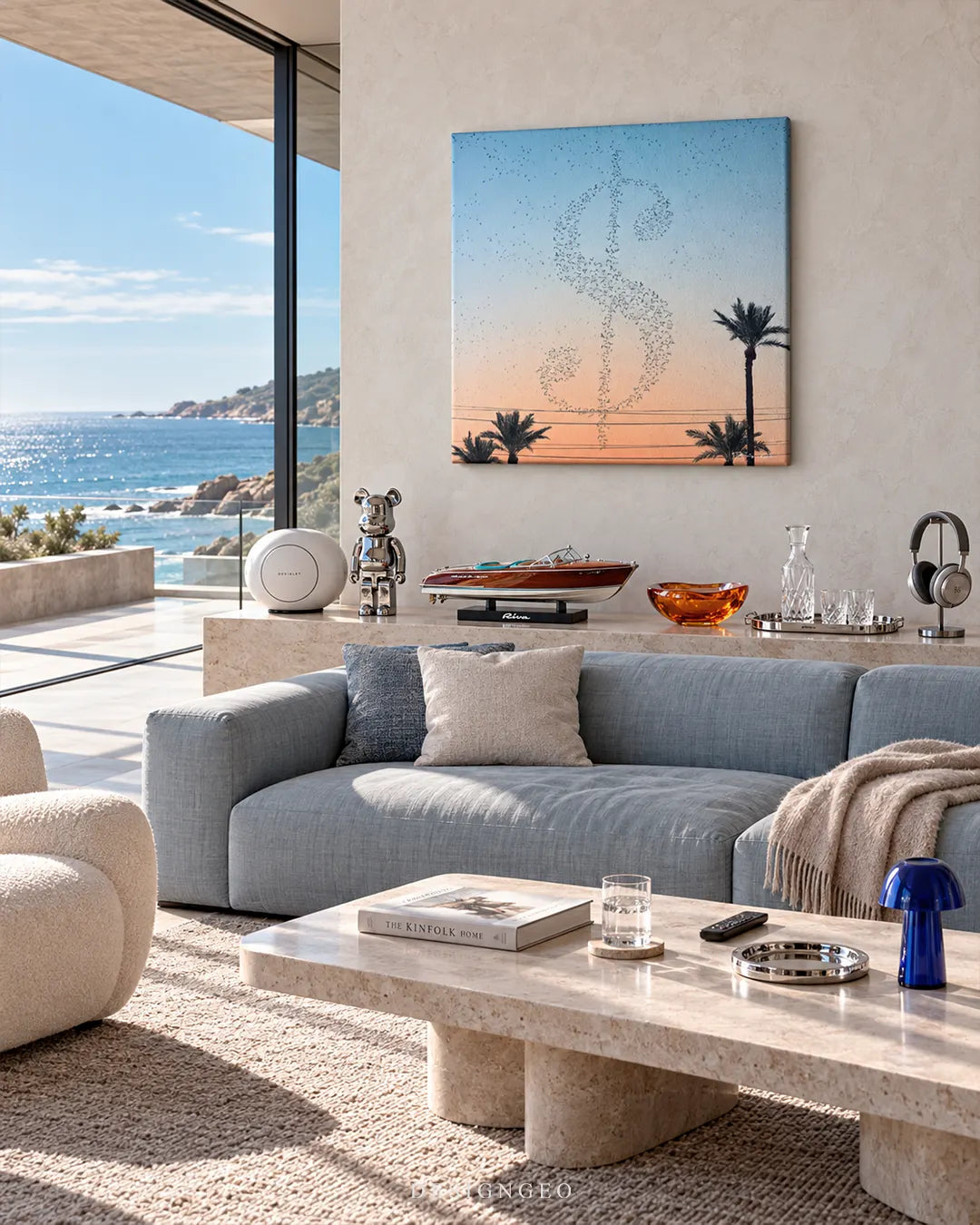 Square canvas print featuring a flock of birds forming a dollar sign at sunset mounted on a beige wall in a coastal living room with ocean view above a blue sectional sofa