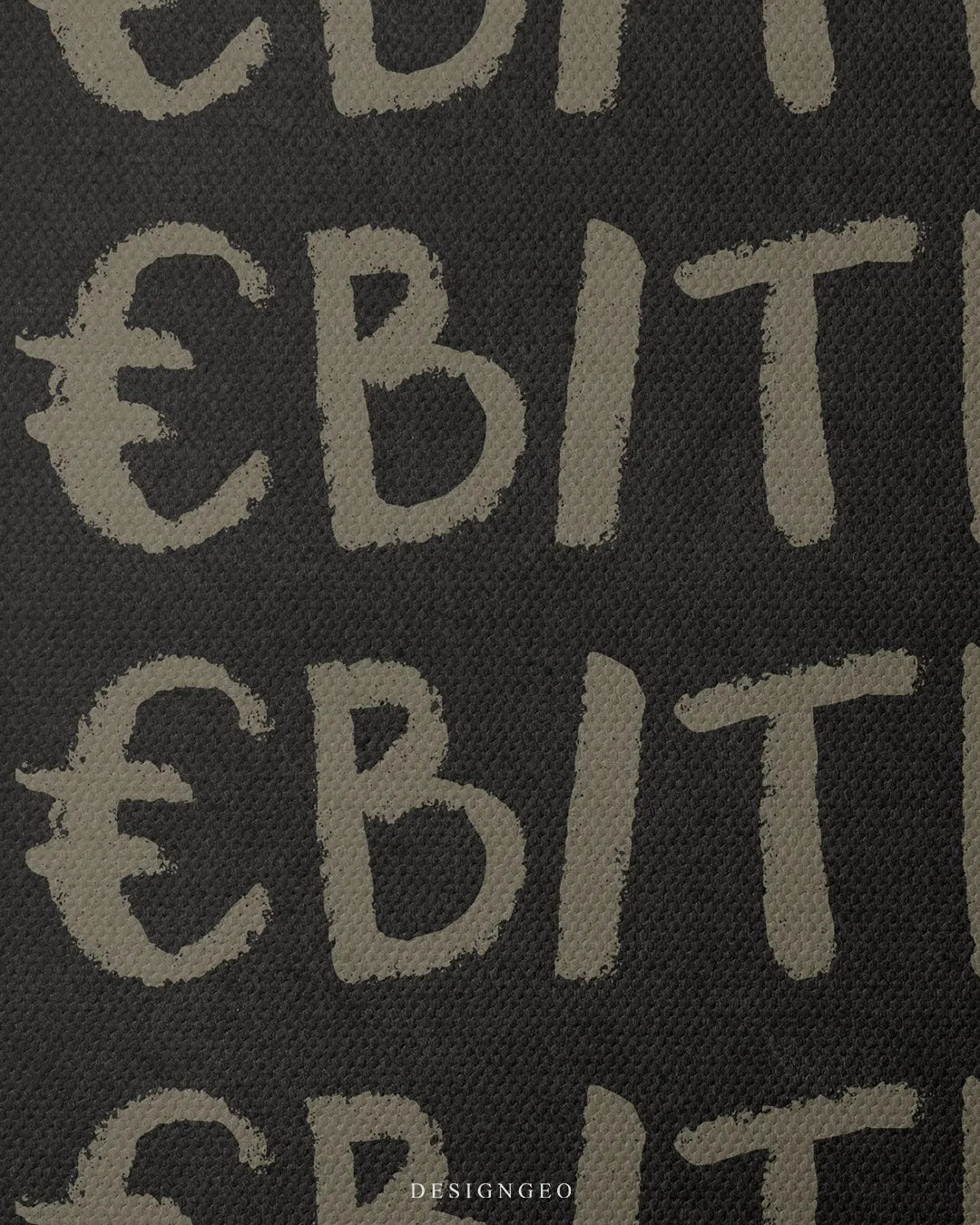 Close-up view of the canvas surface, showcasing the rough stencil texture of the Euro symbol and the letters EBIT printed in beige on dark textured canvas