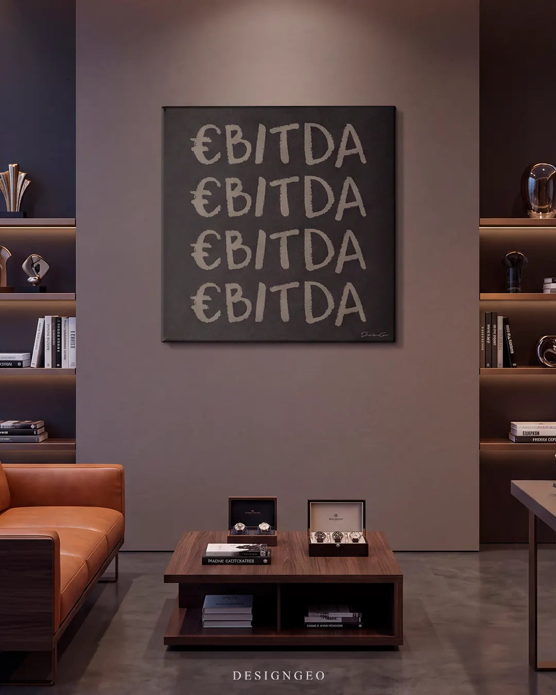 Sophisticated executive office with mood lighting, featuring the square EBITDA canvas wall art hanging on a taupe wall above a dark wooden table with luxury watch boxes and a brown leather couch