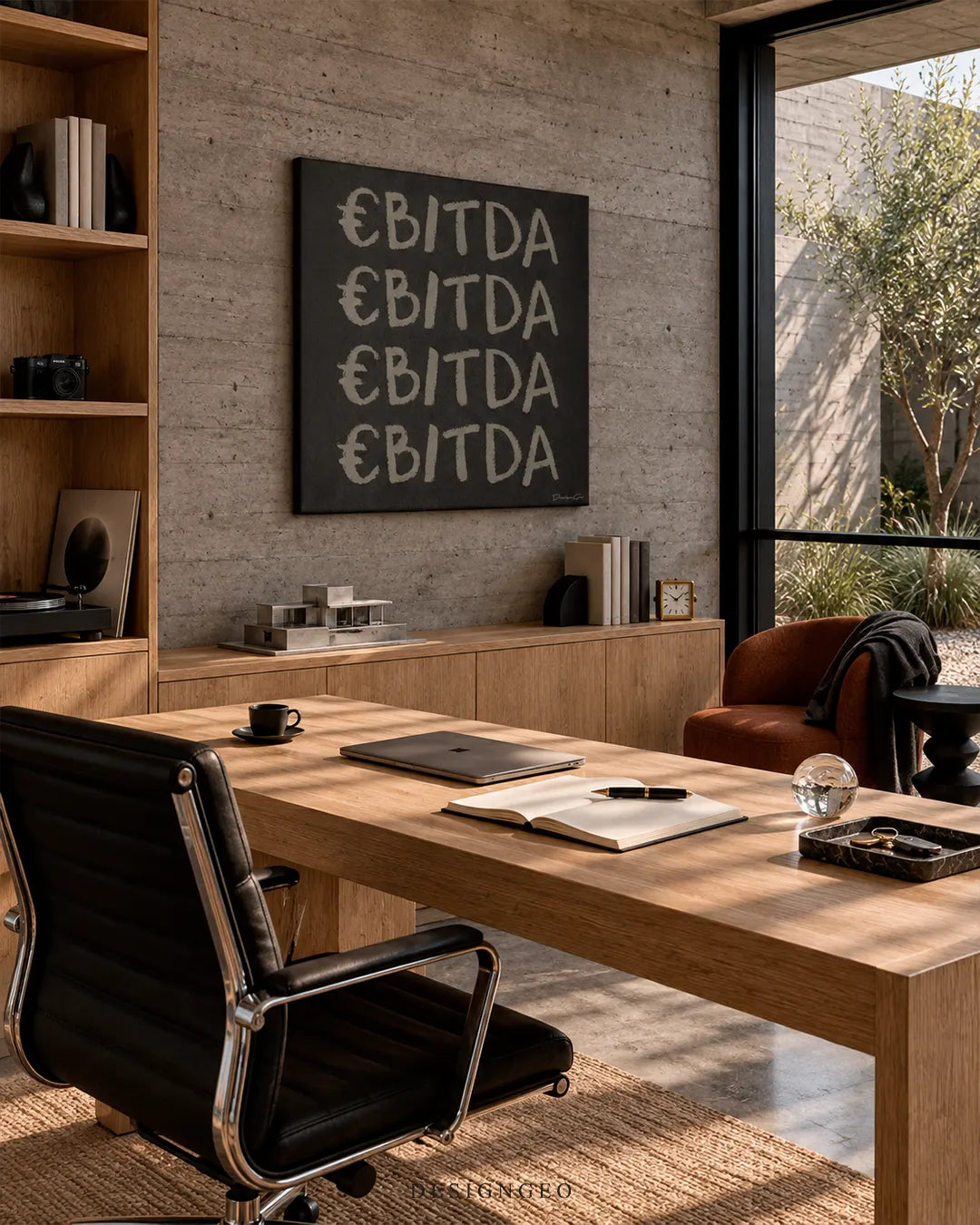 Square black canvas print showing stacked grey EBITDA lettering with euro sign hanging on a concrete wall in a luxury home office above a light wood desk