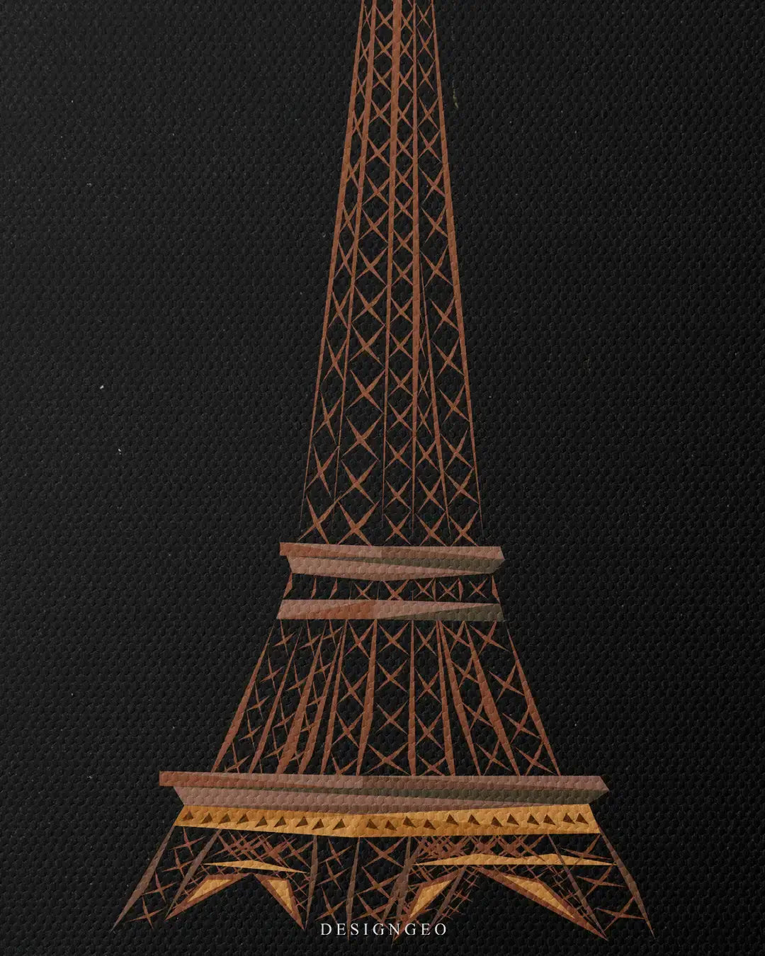 Close-up of minimalist architectural wall art featuring a detailed Eiffel Tower structural layout with crisp white geometric line patterns on a dark background