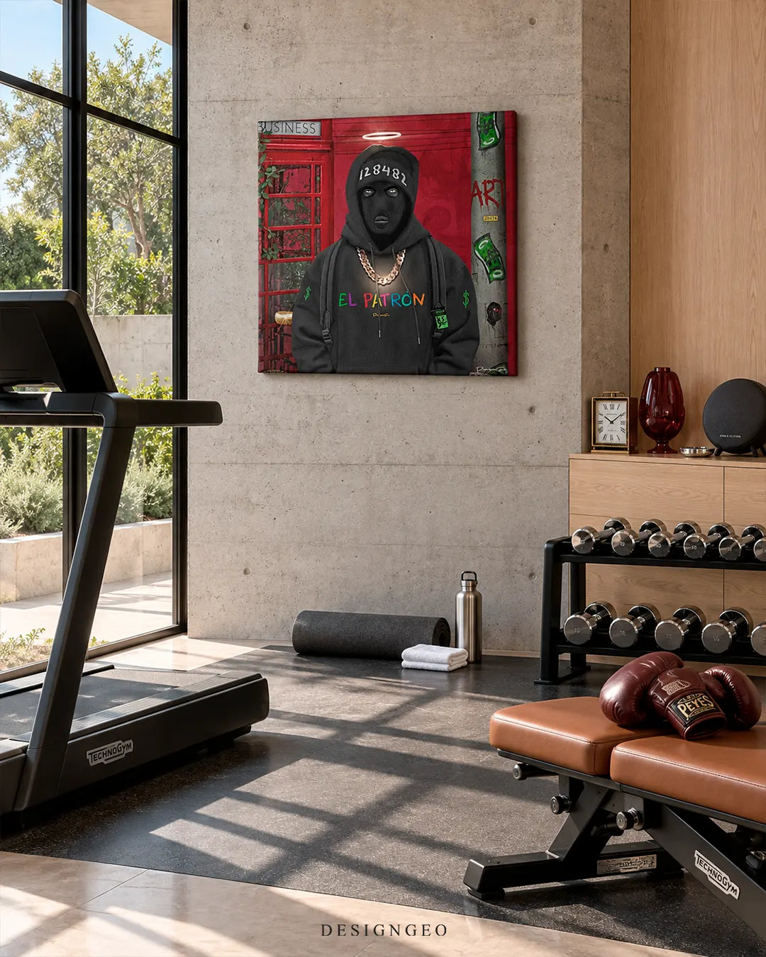 Square canvas print of a gorilla in a balaclava and EL PATRON branded streetwear hanging on a concrete wall in a contemporary home gym next to a treadmill