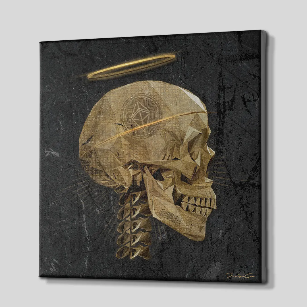Three-quarter side angle of the golden Ethereum skull canvas print showing gallery-wrapped dark textured edges mounted on a wooden frame