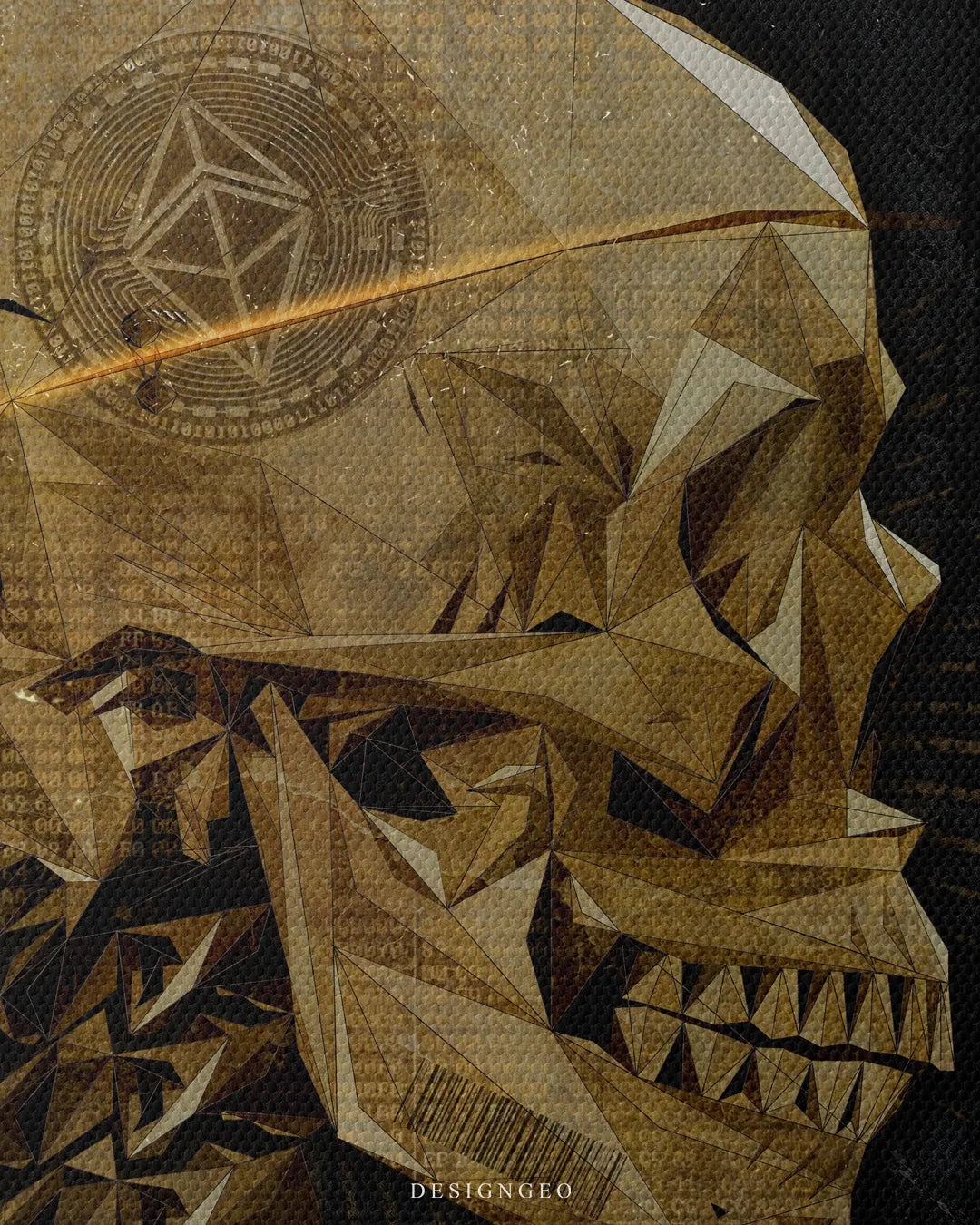 Close-up macro detail shot showing fine canvas texture, intricate golden polygonal skull facets, engraved Ethereum crypto symbol, glowing lens flare line, and sharp jawline contours