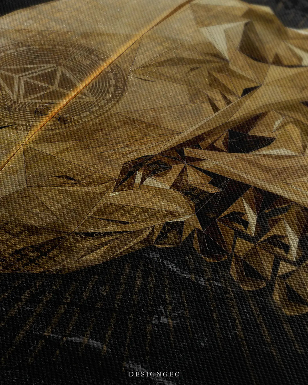 Angled extreme macro view highlighting the woven dark canvas surface texture, golden geometric wireframe shading, and subtle digital code overlay across the skull