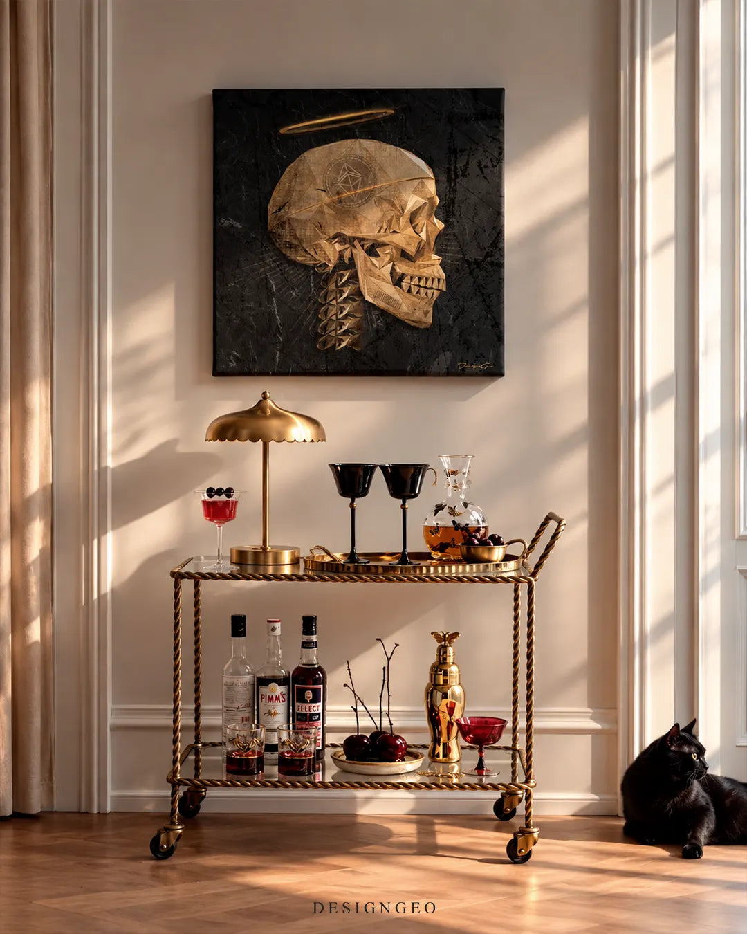 Square dark canvas print featuring a golden low-poly geometric skull with an Ethereum logo coin and glowing halo mounted on a beige wall above a brass bar cart